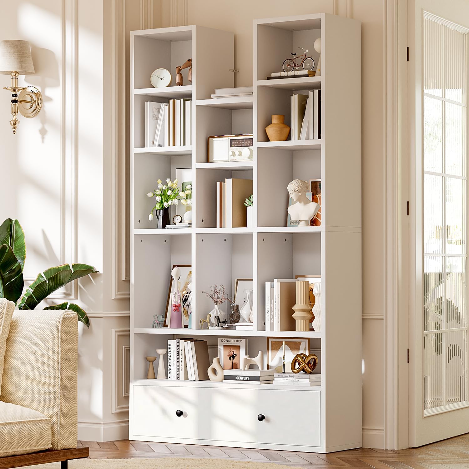PRETZI 5-Tier Bookshelf with Drawer 64.72" Tall White Bookcase Modern Display Cabinet for Living Room Home Office