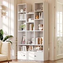 PRETZI 65Inch 5Tier Wood Bookshelf with Drawer Storage Cabinet for Home | Tall Bookshelves and Bookcases, Modern Asymmetric Cube Bookcase with Anti-Tip Device, Display Cabinet for Living Room, White
