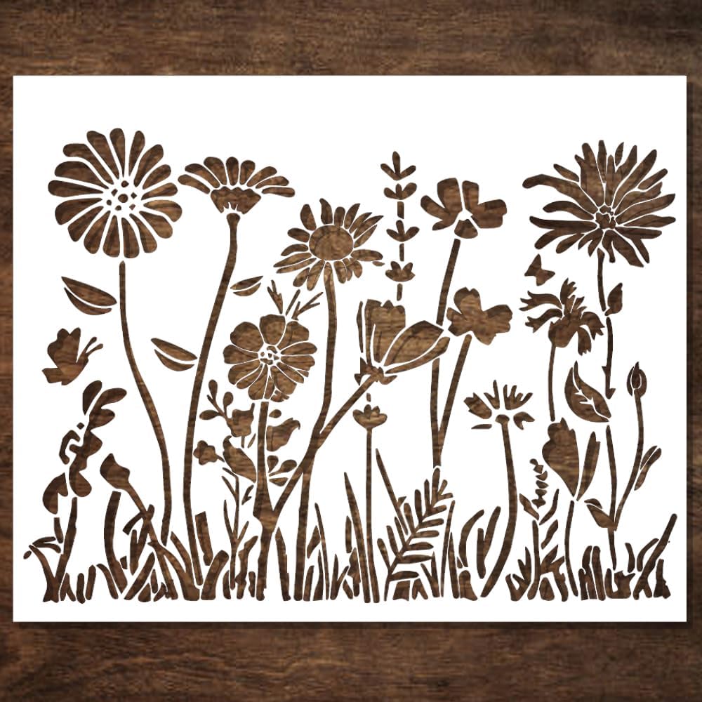 DLY LIFESTYLE Large Wildflower Stencil for Painting (15x12 Inches) - Stencils for Crafts Reusable for Canvas, Fences, Fabric, Furniture - DIY Wall Stencils for Painting Large Pattern