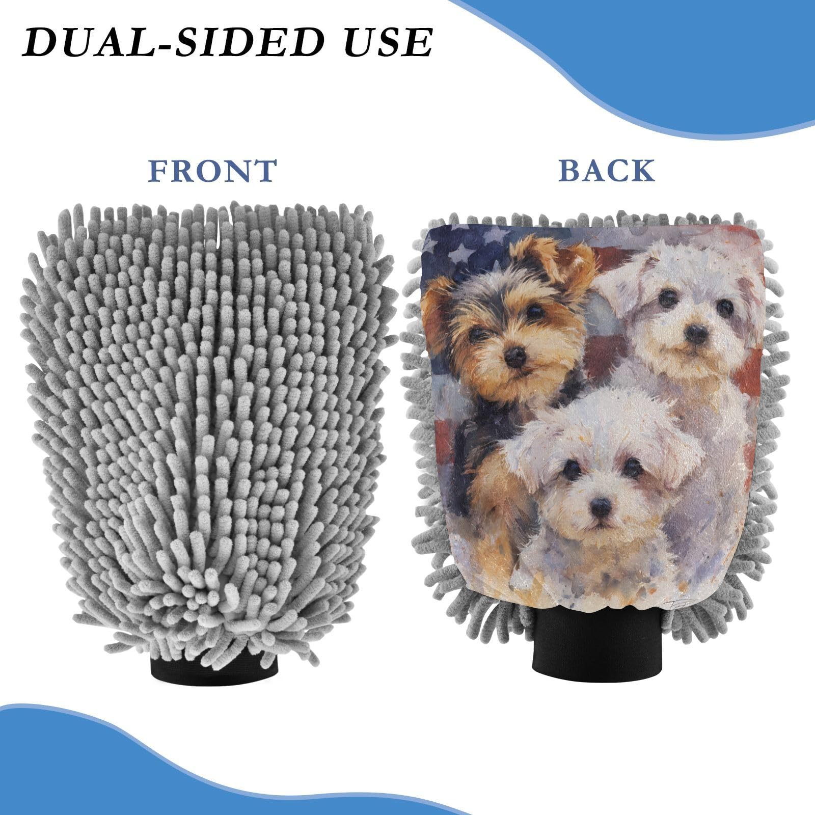 ALAZA Puppy Dogs American Flag Car Wash Mitt Scratch Free, 2 Pack Absorbent Microfiber/Chenille Washing & Drying Mitts, L