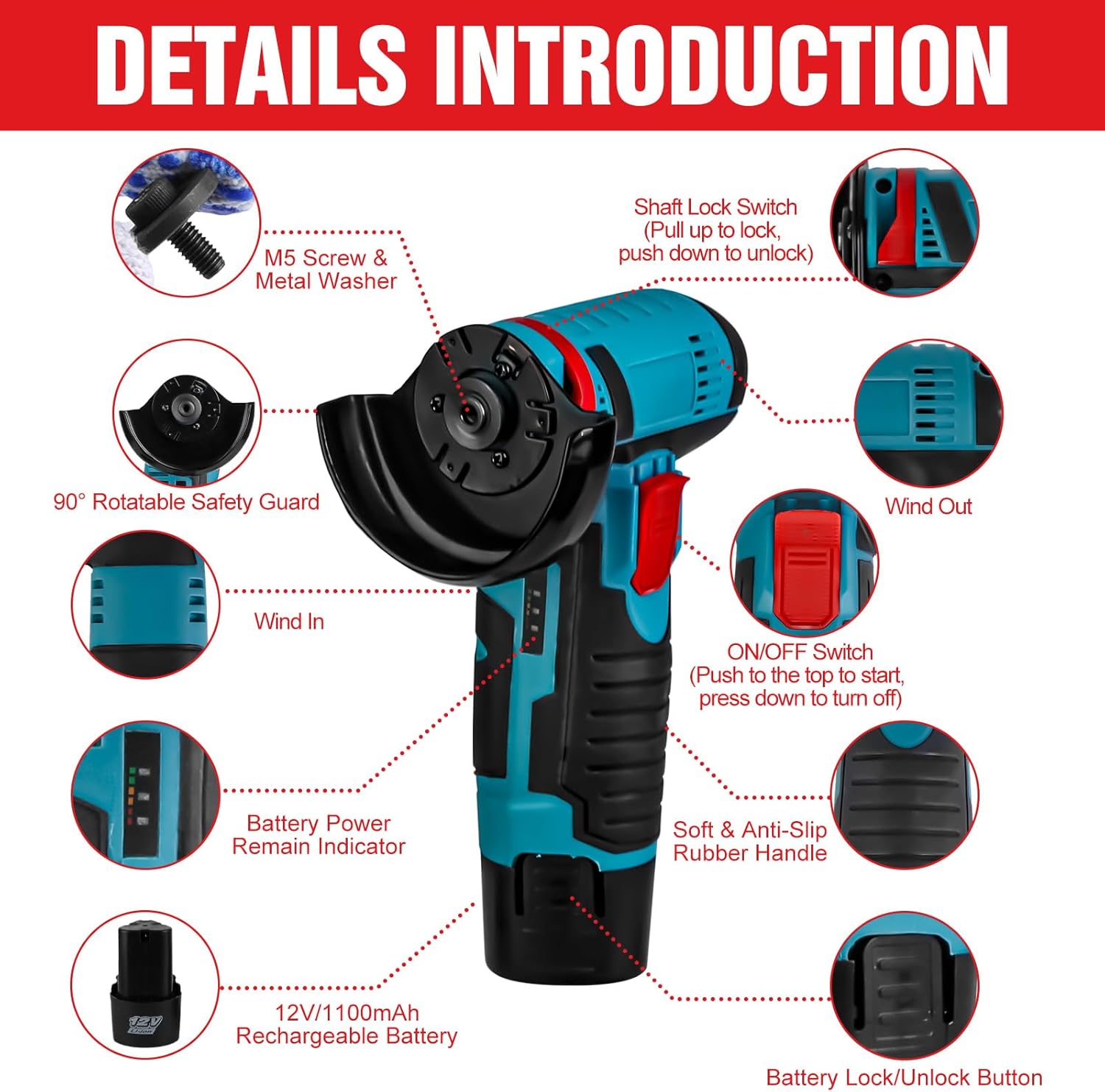 Cordless Angle Grinder, 12V Mini Angle Grinder Tool with 2x 1100mAh Batteries and 7 Cutting Discs, 19000RPM Handheld Cutter for Metal and Wood Grinding, Sanding, Rust Removal