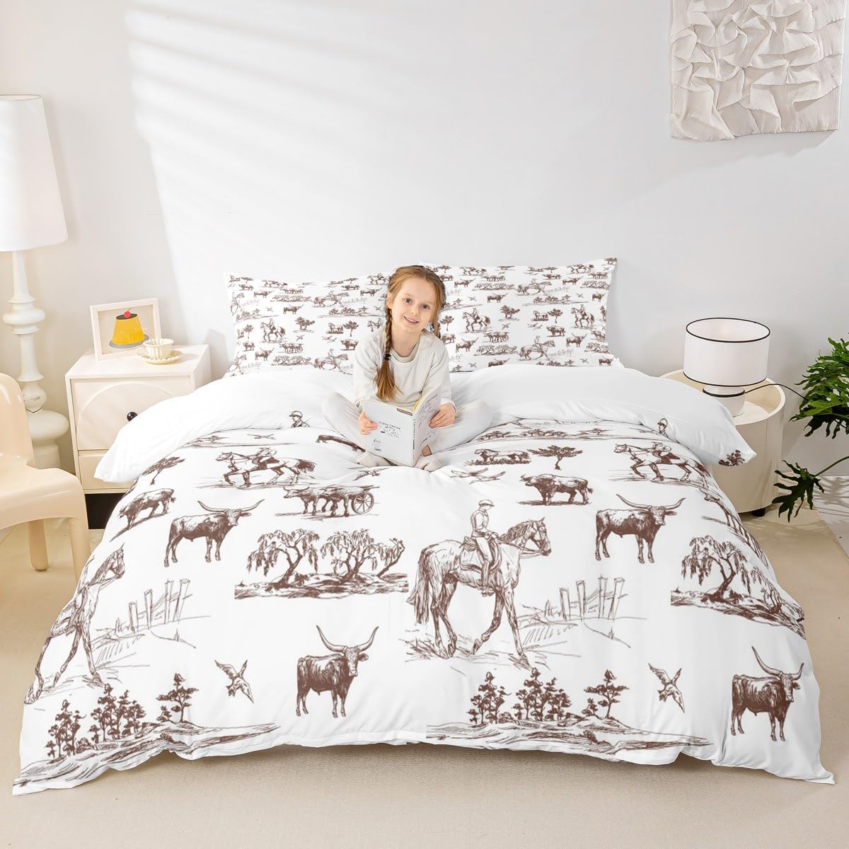 Western Cowboy Bedding Set Queen Size for Kids Boys Girls Wild Horse Cow Animals Duvet Cover Set 3Pcs Sketch Brown White Southwest Tribal Comforter Cover Rustic Farmhouse Quilt Cover,2 Pillowcase