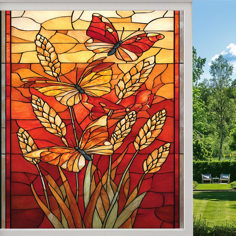 Farmhouse Butterfly Stained Glass Window Film, Autumn Wildflowers Natural Plants Peel and Stick Privacy Film, Frosted Adhesive Vinyl Decorative for Bathroom Windows Glass Doors, （70x120cm）
