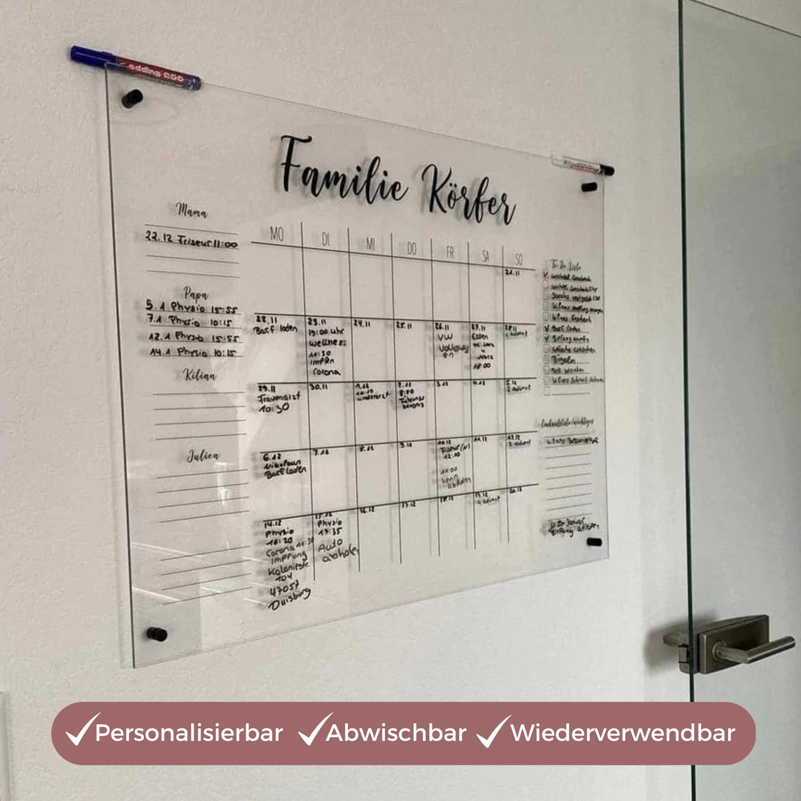 personalisierter Wandkalender - wählbar 3 bis 5 Namen - wiederverwendbarer Kalender aus Acrylglas - Familienplaner abwischbar - Hingucker für jeden Raum