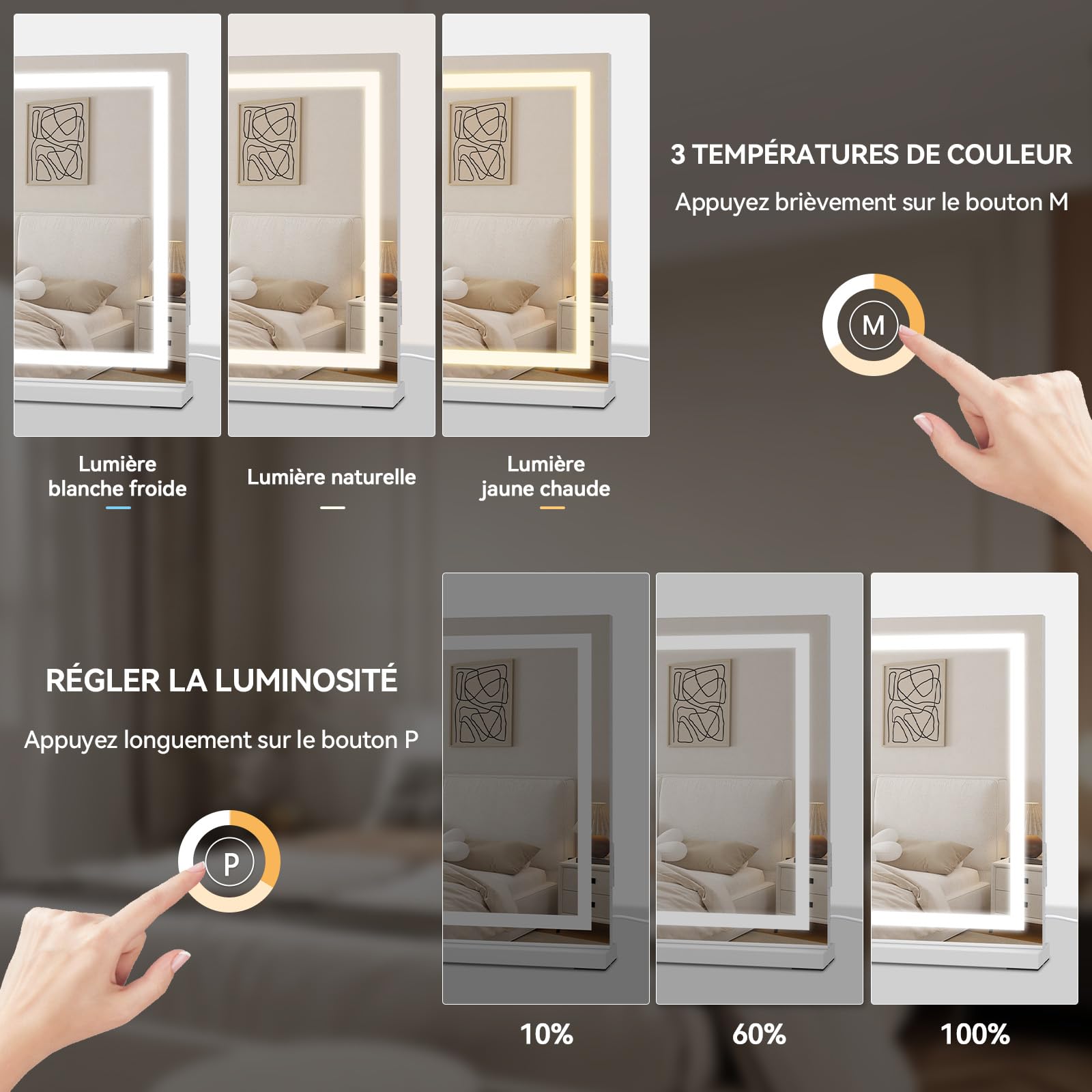 YOURLITE Miroir Maquillage Lumineux 58x45cm, Miroir LED Miroir Hollywood, 3 températures de Couleur, Touche Tactile, Port de Chargement USB, Loupe 10x, Installation Murale/sur Table pour Coiffeuse