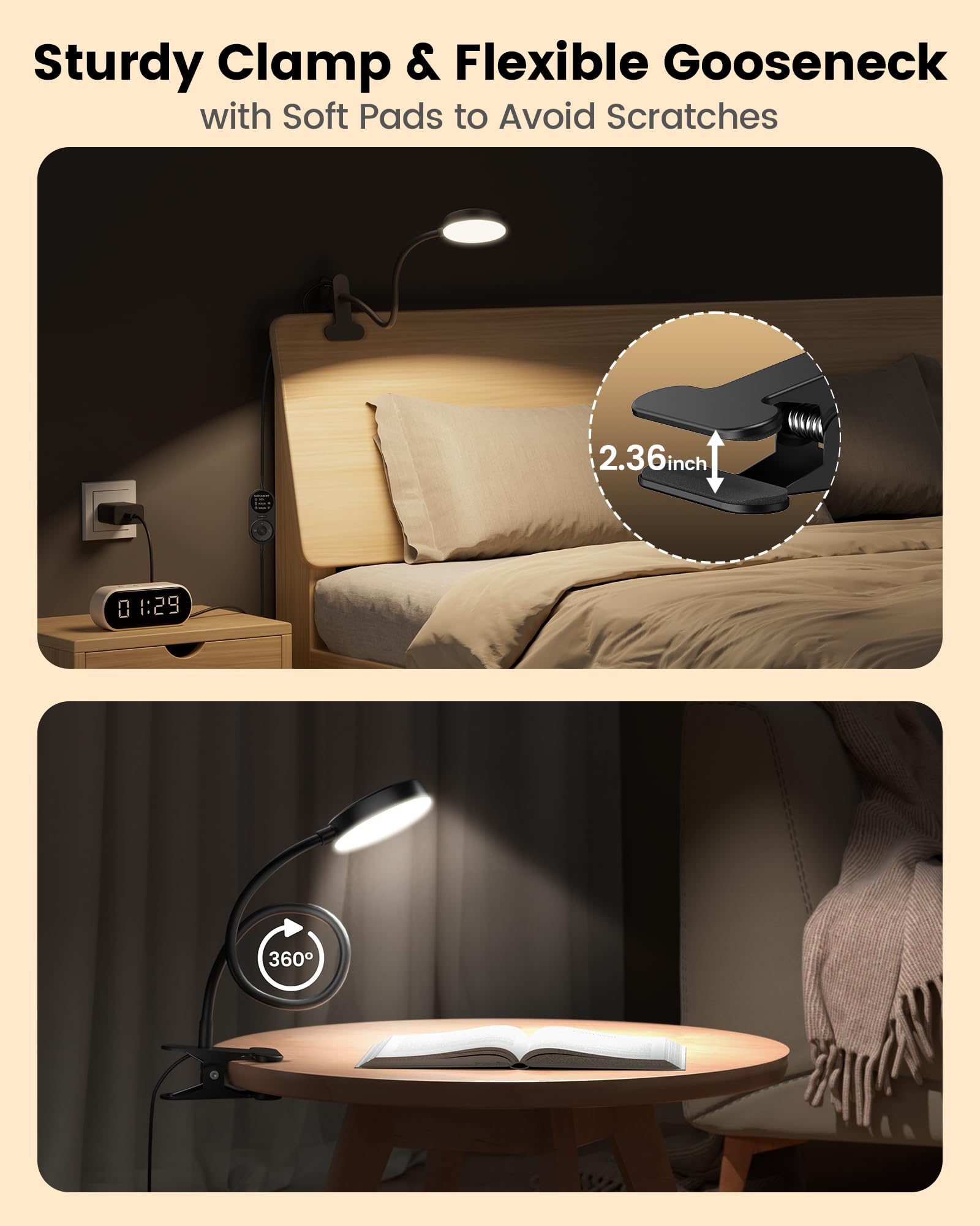 Glocusent 5W 36 LED Leselampe Bett mit 3 Farb- und 5 Helligkeitsstufen & 72 LED Klemmlampe mit 3 Farben und 5 Helligkeiten mit Amber Nachtlicht, 30/60-Min Timer, Augenschutz, für Bett/Lesen/Arbeiten