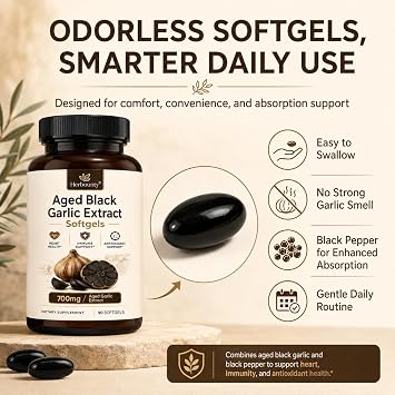 Odorless Fermented Aged Black Garlic Extract 700mg, 90 Softgels | Fermented Black Garlic Supplements, Immune Support, Boost Energy, Antioxidant, Non-GMO