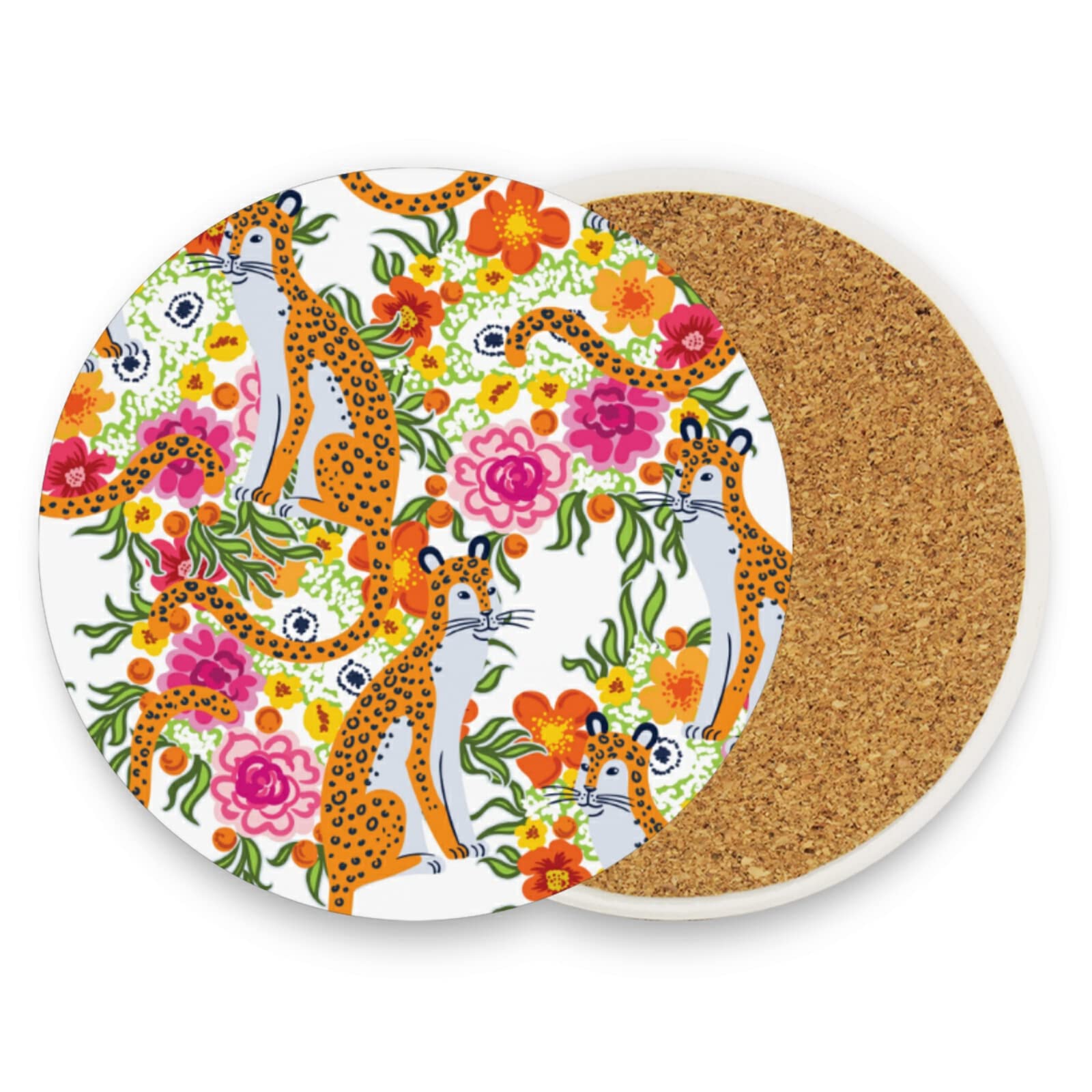 Poeticcity Orange,White,Yellow White Orange Chinese Tigers With Pink Yellow Flowers On White 1 Pc Ceramic Mug Coaster For Drinks, Stone Coasters Holder With Cork Base, Oversize Cup Mat Pad For All Mugs, Housewarming Gift
