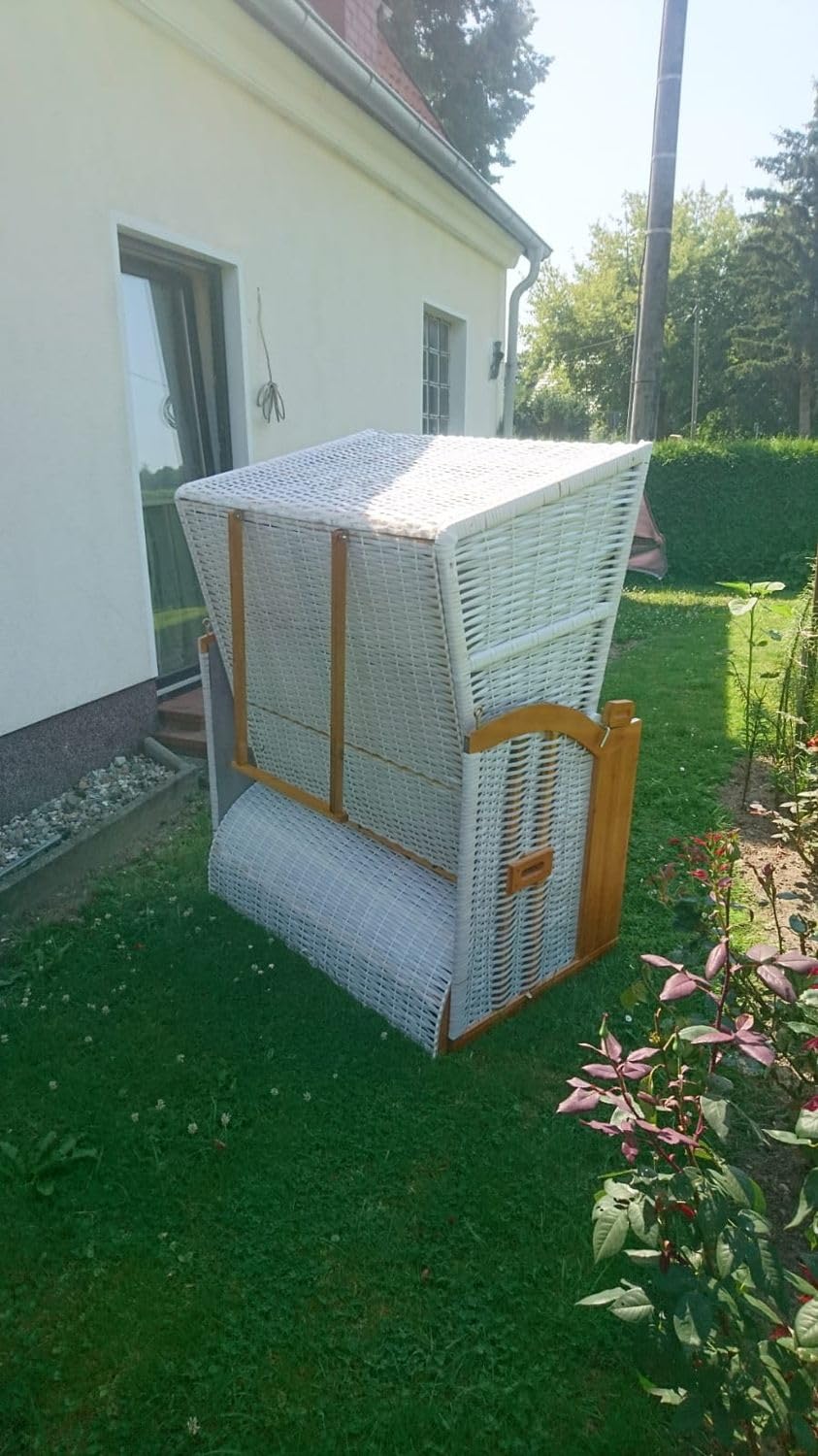 MR. DEKO® Fauteuil-cabine de plage Baltique 2 places | polyéthylène tressé blanc, avec housse gris uni | avec 4 coussins et table pliante - Chaise de plage réglable - En bois dur avec repose-pieds -