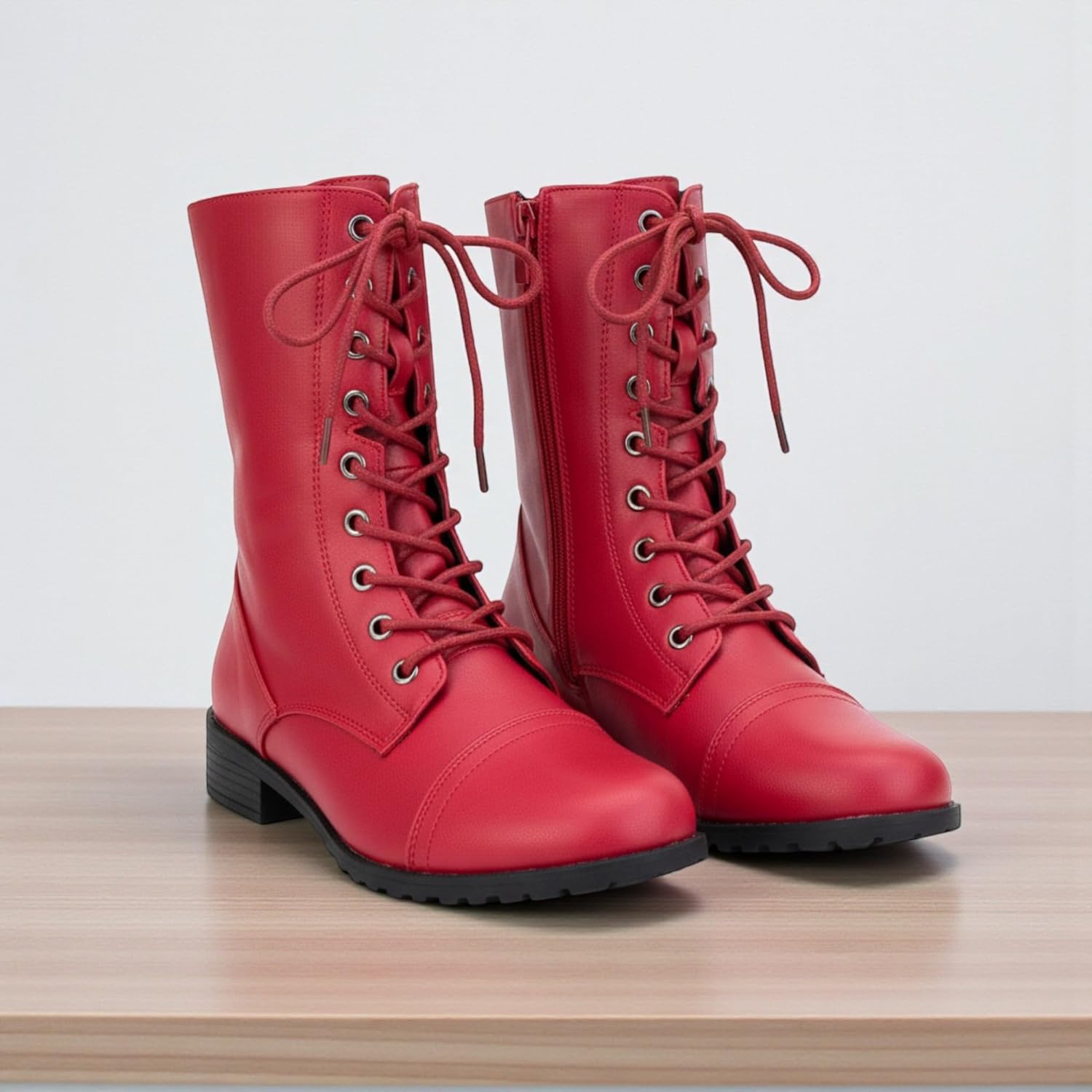 ABSOLEX Womens Lace up Round Toe Low Heel Combat Boots