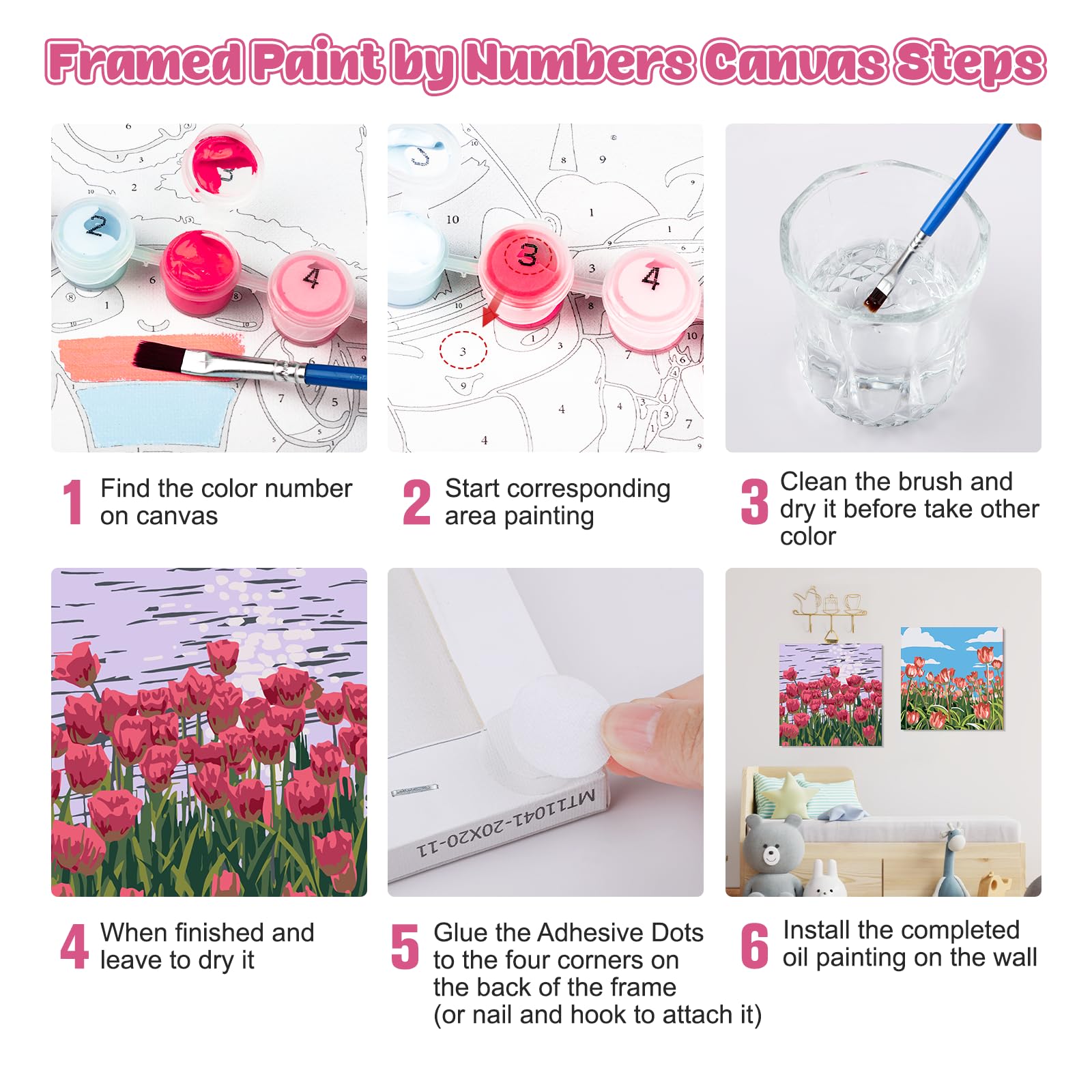 MOGTAA Peinture par numéros pour adultes débutants avec cadre, peinture de paysage par numéros pour adultes, enfants, kit de peinture à l'huile à faire soi-même, fleurs de cerisier pour décoration