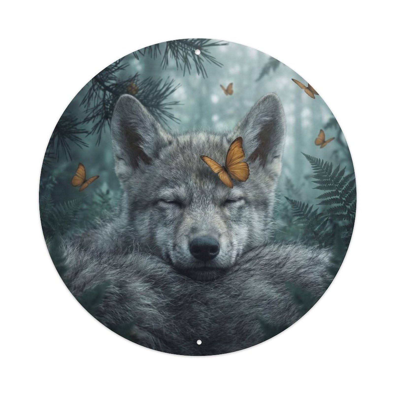 Gray Wolf Pup Cute Wildlife Amber Butterfly Winter Forest Metal Tin Sign Plaque Wall Decor for Cafe, Man Cave, Club Bar, Office, Home Garden Round Metal Poster 8x8Inch