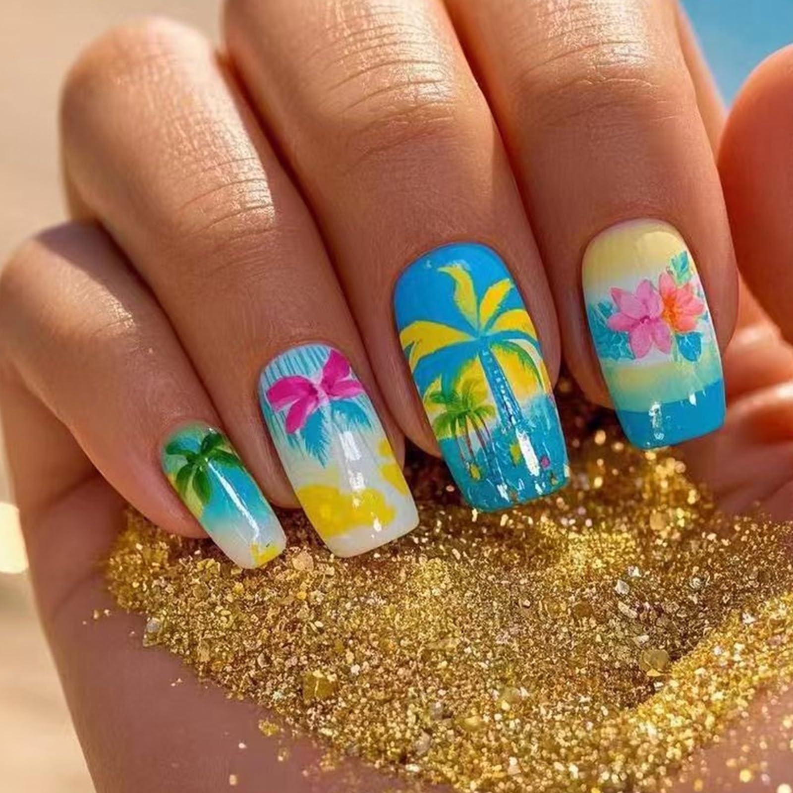 24 Pcs Glossy Full Covers False Nails Mediums Square Press On Nails Coconuts Tree Stick On Nails Acrylic Nails