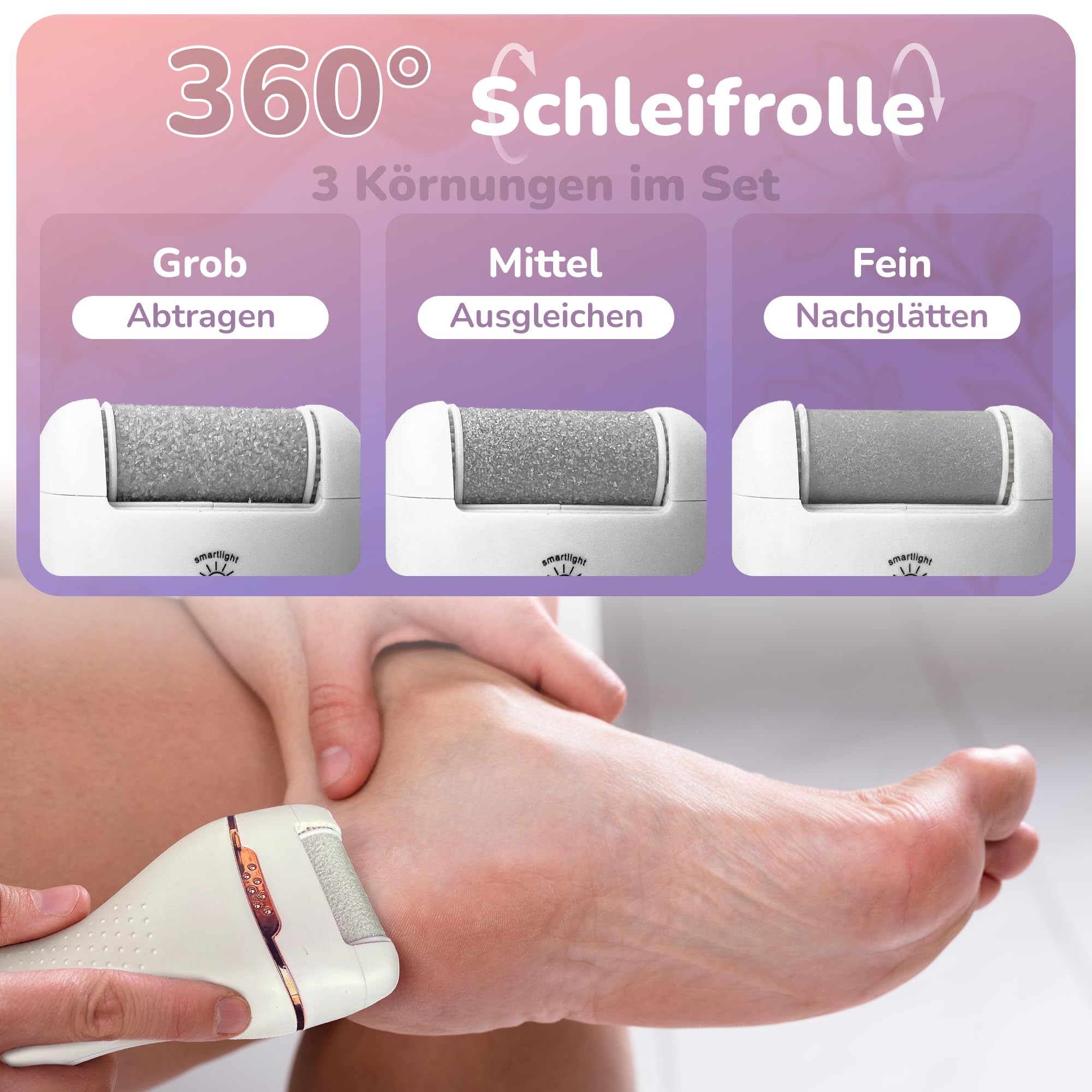 Elektrischer Hornhautentferner mit 5 Ersatzrollen, IPX6 wasserdicht, LED-Licht, 2 Stufen & Druck-Stopp, USB-C wiederaufladbar, inkl. Bimsstein