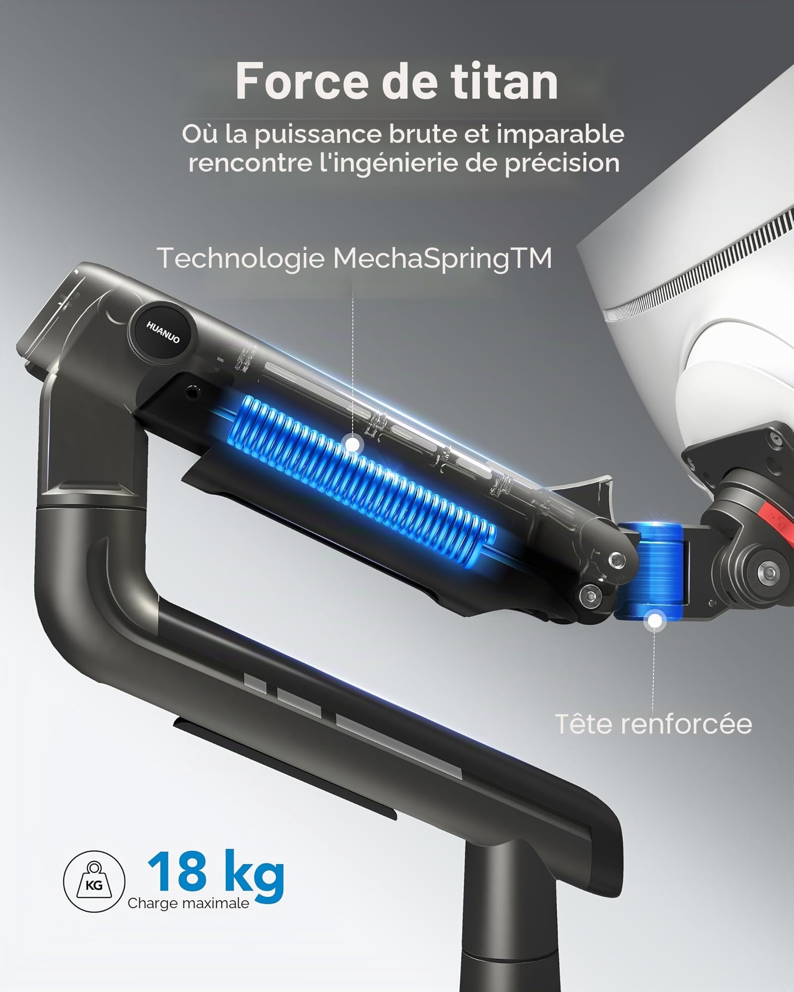 HUANUO Bras articulé Écran Ultralarge à 49 Pouces, Tient 18kg, Support pour Écran Ultralarge du Bureau en Aluminium, Support Écran Unique Ajustable avec Pince en C, Base à œillet, VESA 100x100mm Max