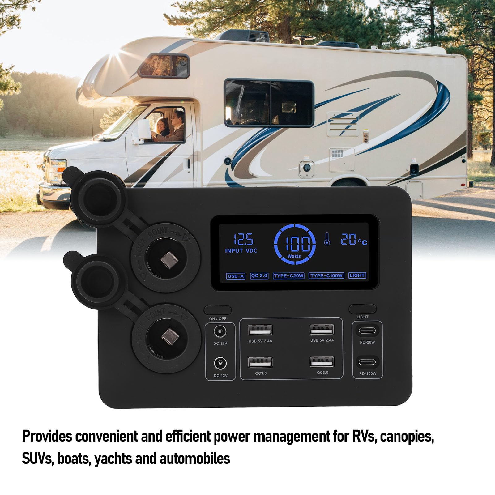 Fockety Przenośna Elektrownia, 12 V Mini Power Box 100W Wyświetlacz USB C QC3.0 Port Mini Power Distributor dla 4 Anderson Outlet Wielofunkcyjny dla łodzi RV Car