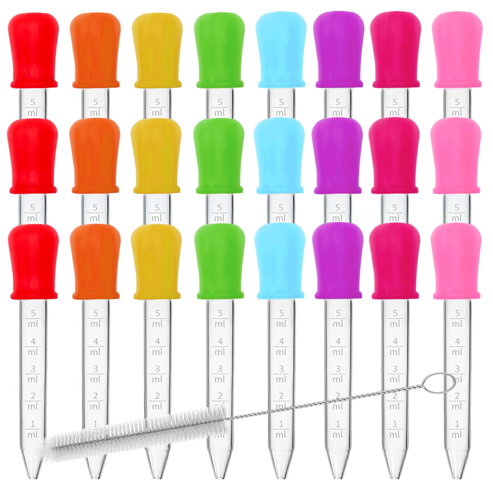 24 Pack Liquid Droppers with a Clean Brush, 5ML 8 Colors Silicone and Plastic Pipettes with Bulb Tip, Medicine Eye Dropper for Crafts/Candy Mold/Gummy Bear Maker/Oil