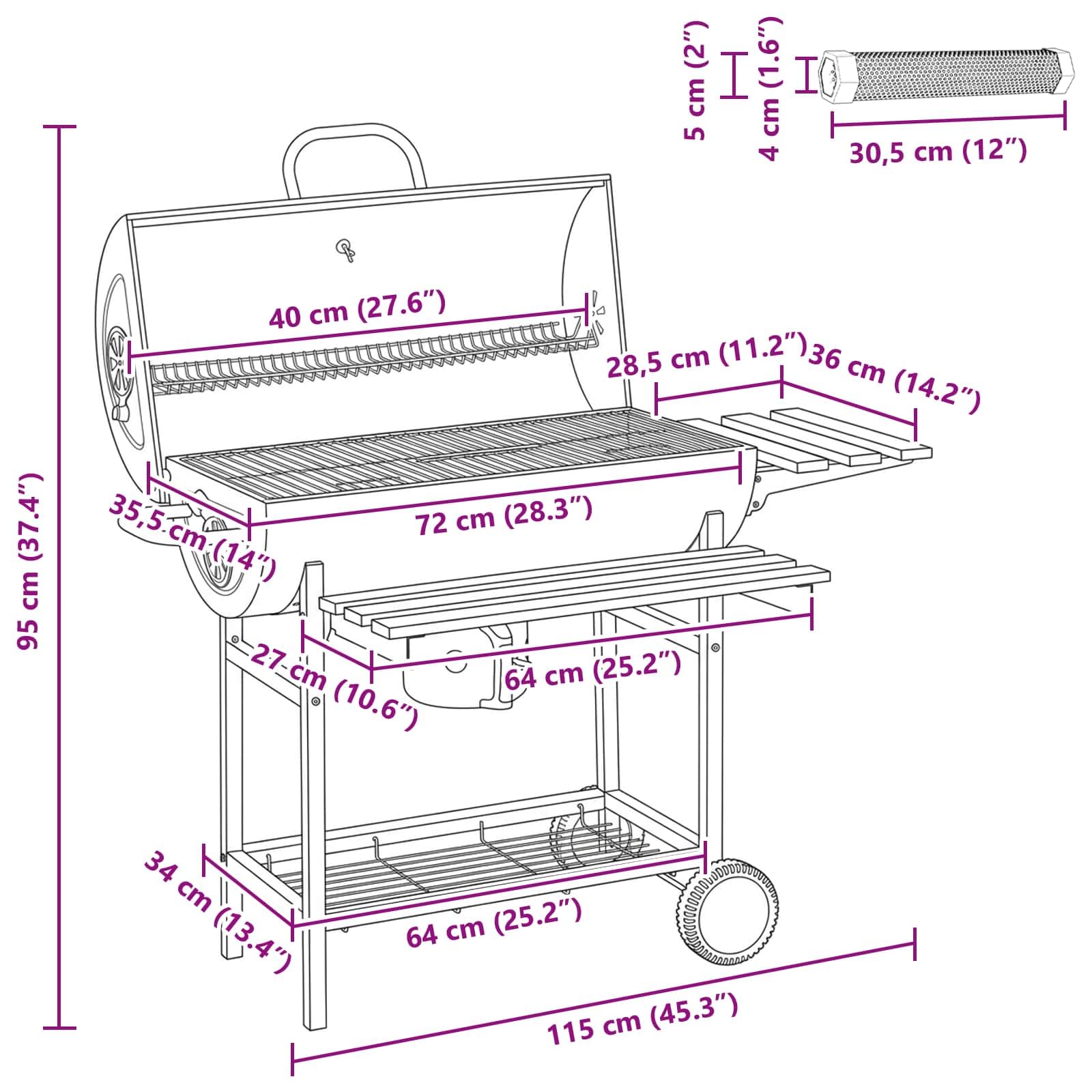 vidaXL Barbacoa de barril con ruedas y estantes 3 piezas 115 x 85 x 95 cm metal moderno barbacoa exterior barbacoa portátil de acero inoxidable resistente a la intemperie con ruedas para jardín