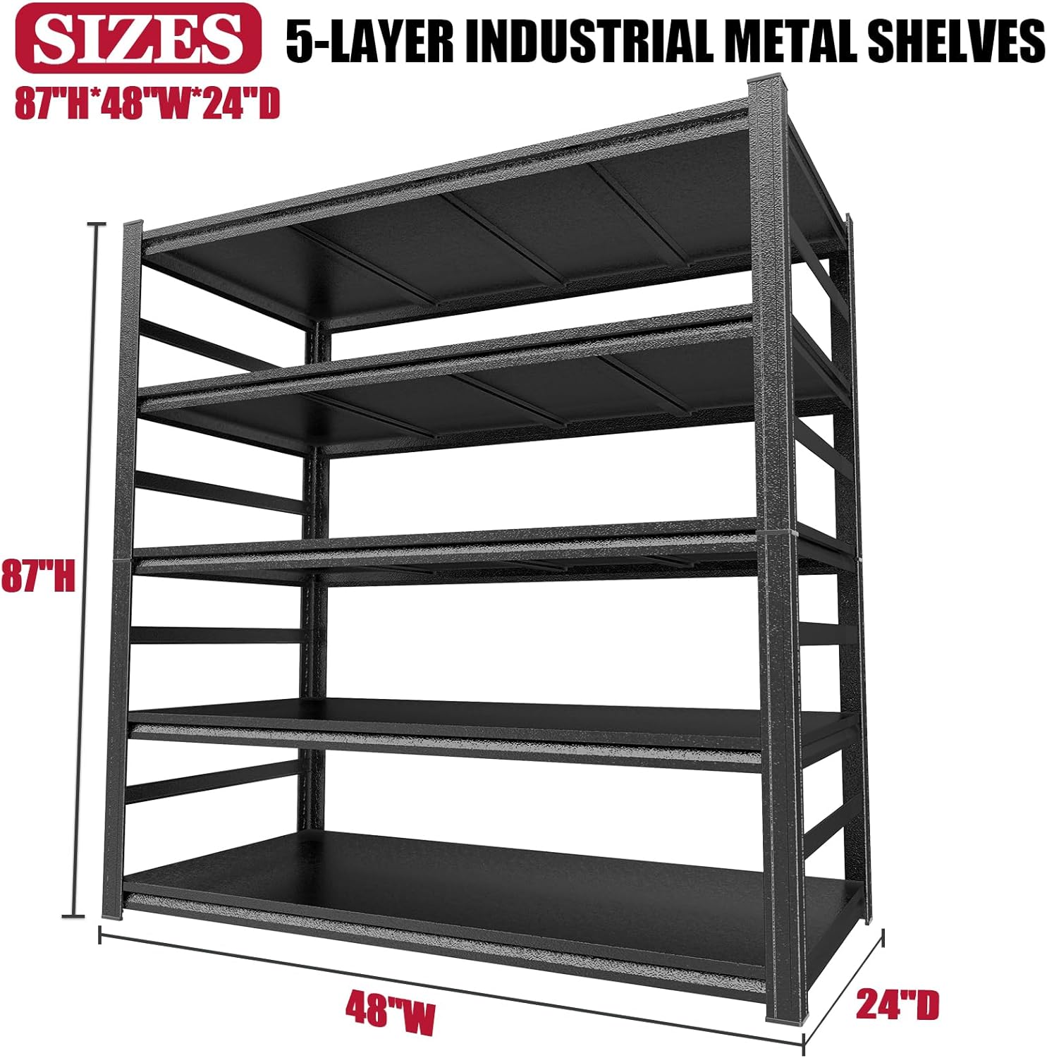 PRESTELION Garage Shelving 3500LBS Storage Shelves 5-Tier Adjustable Metal Shelving Units Garage Storage Shelves Heavy Duty for Industrial, Warehouse, Basement, Commercial, Black (87" H×48" W×24" D)