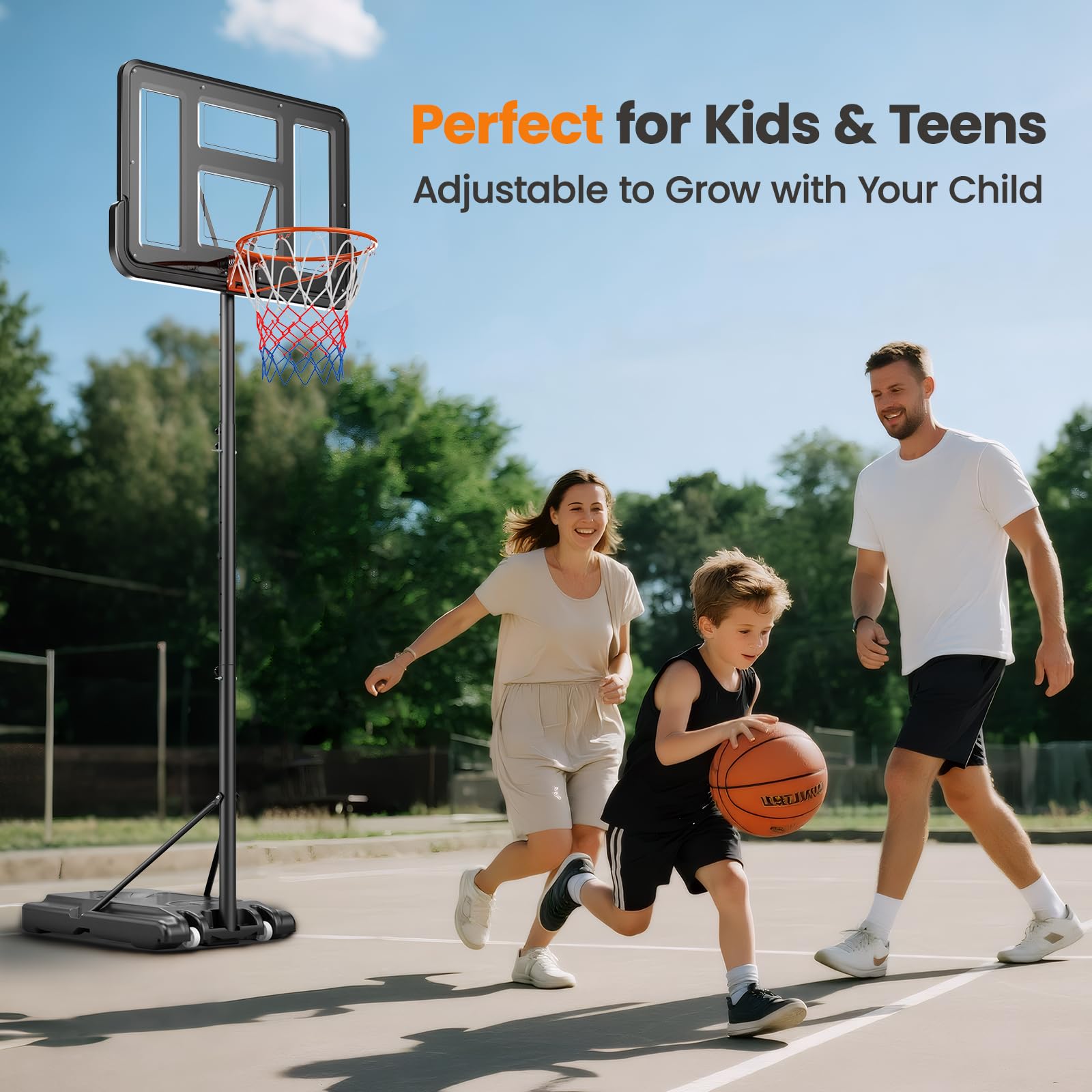 Basketballkorb Outdoor,Tragbarer Basketballkorb,Verstellbare Korbhöhe von 128 bis 305 cm,Basketballständer mit 110x75cm Rückwand,Kommt mit Zwei austauschbaren Basketballnetzen