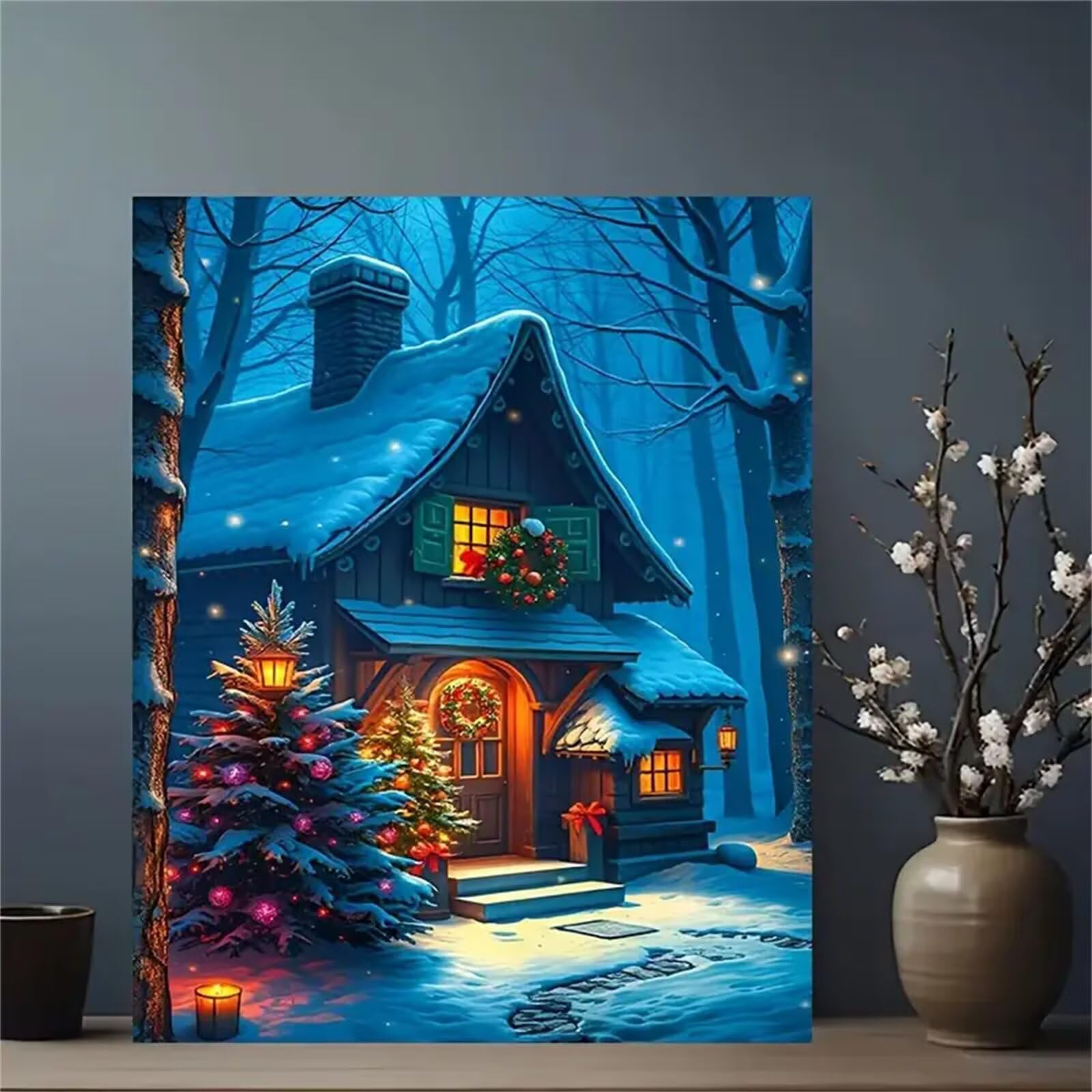 Pintar por Numeros para Adultos,con marco Paint by Numbers Kit DIY Cuadros Pintura al óleo de Lienzo con pigmento acrílico y pinceles para Hogar Pared Decoración Cabaña navideña en el bosque,50x65 cm
