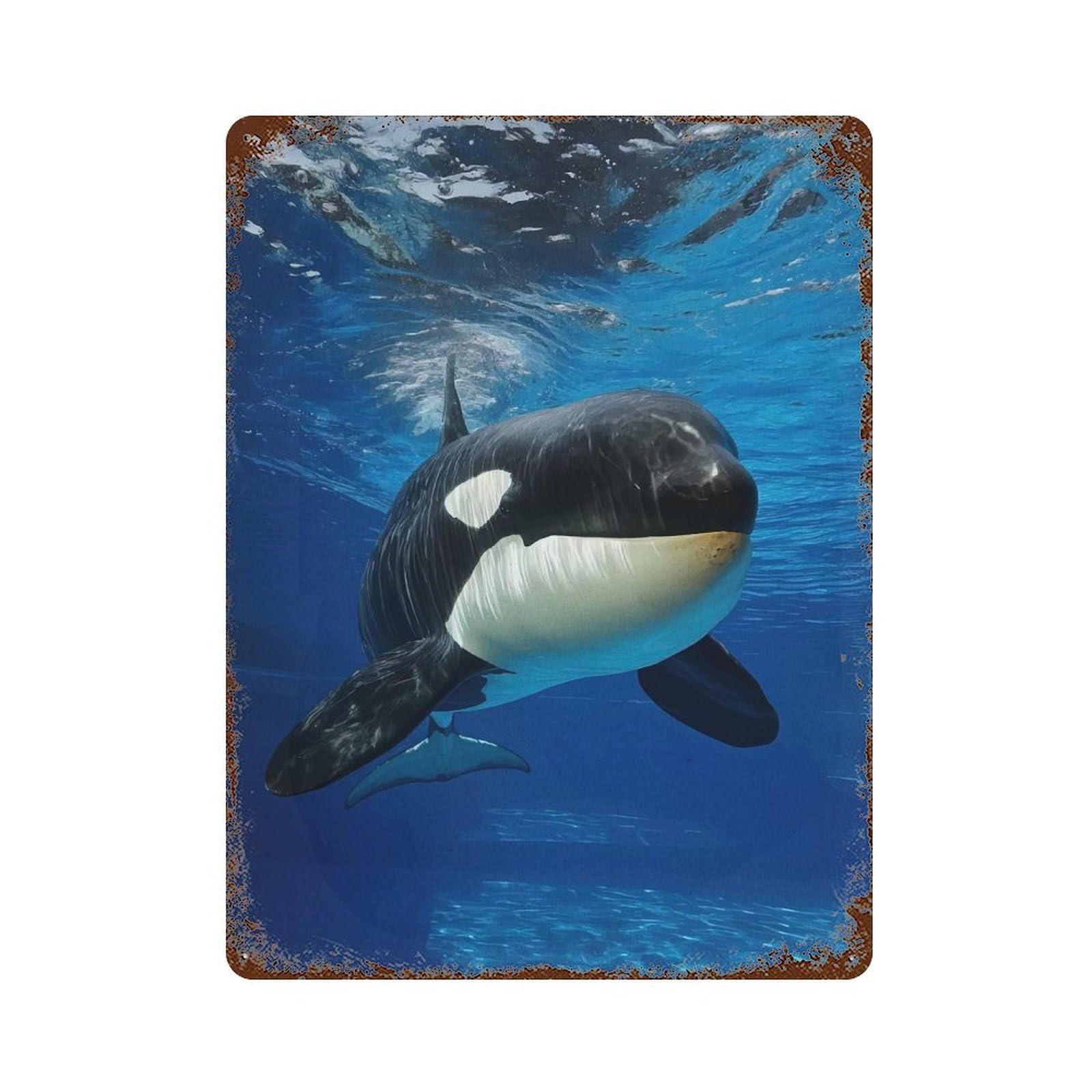 Underwater Orca Portrait Weathered Tin Sign 15.7"x11.8", Novelty Wall Decor for Garage, Pub Or Kitchen