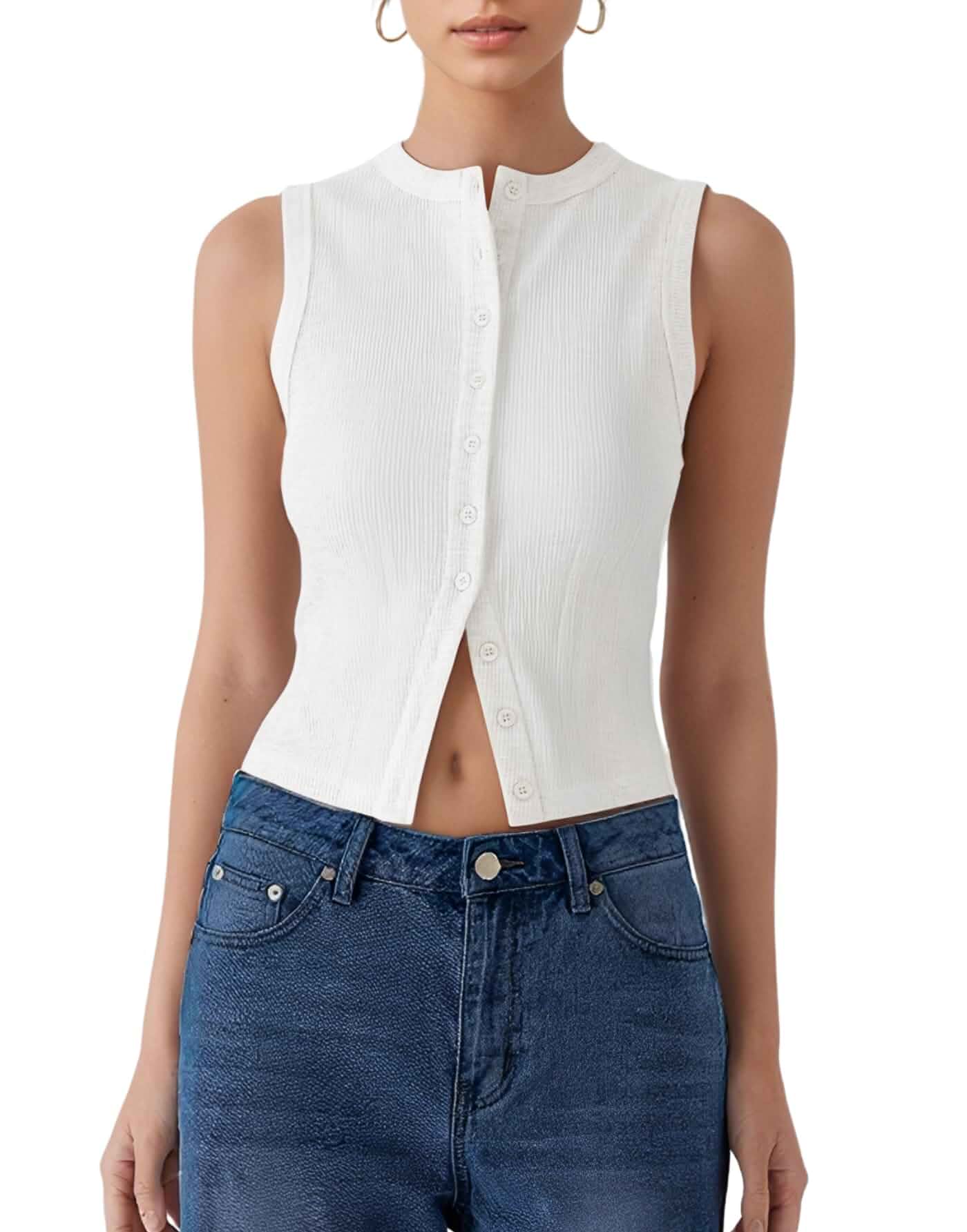 Women’s Button Down Tank Tops Sleeveless Ribbed Crop Summer Button Up Crewneck Vest Shirt Going Out Slim Fit Tops Tanks