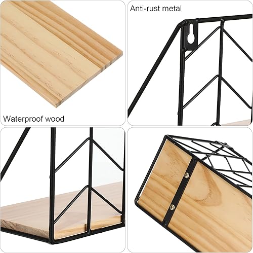 Miniatura 4 de Tatuo Juego de 6 estantes flotantes montados en la pared, almacenamiento de madera rústica con alambre de metal, estantes de exhibición de diseño