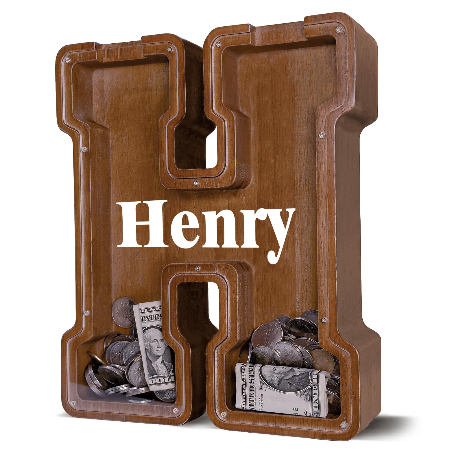 JOOMLAFLY Customized Wooden Letter Piggy Bank for Kids - Personalized Initial Coin Bank for Boys and Girls