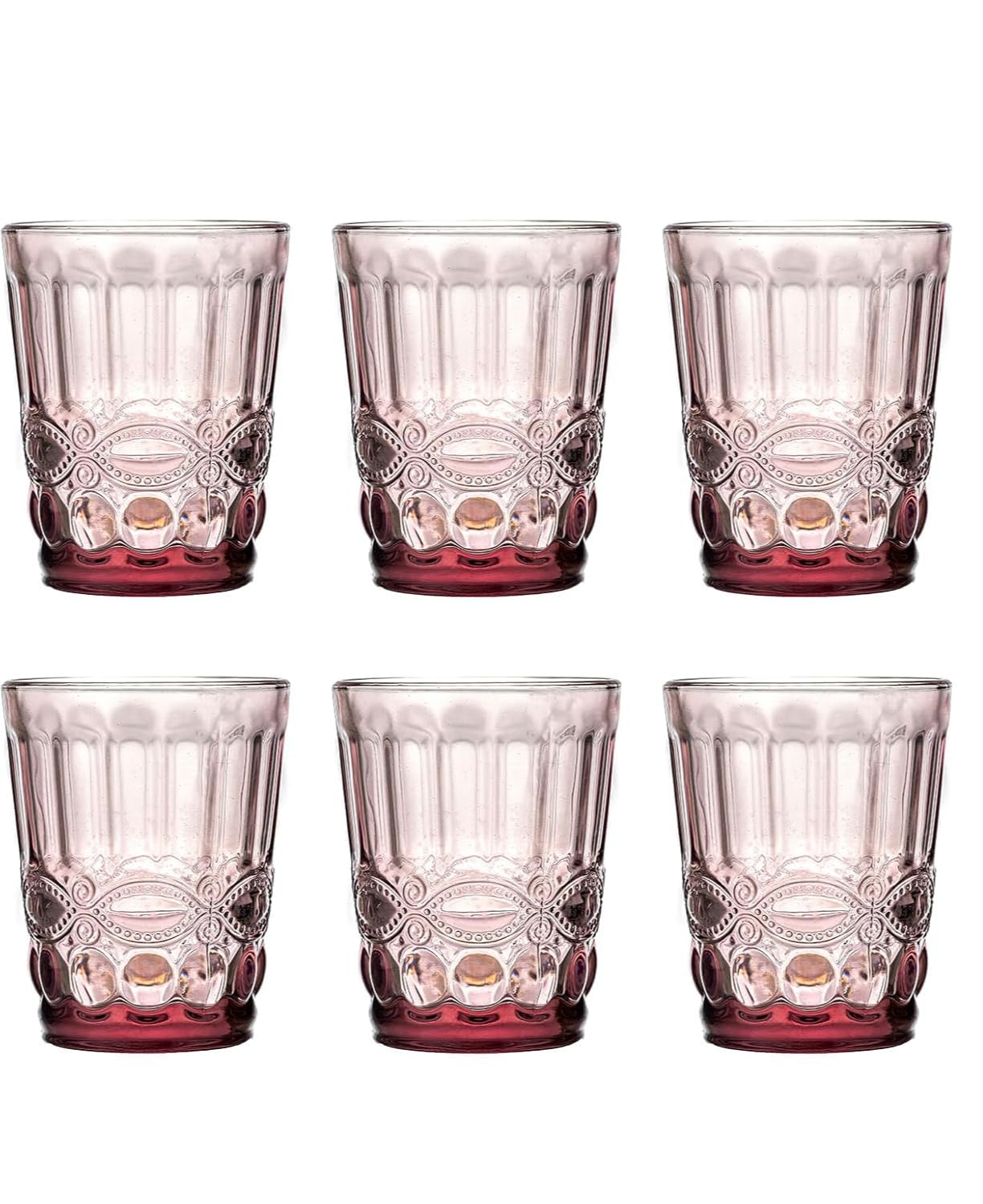 Floral Crystal Highball Glasses Set of 6 10oz Vintage Embossed Tumblers for Beverages and Cocktails Purple