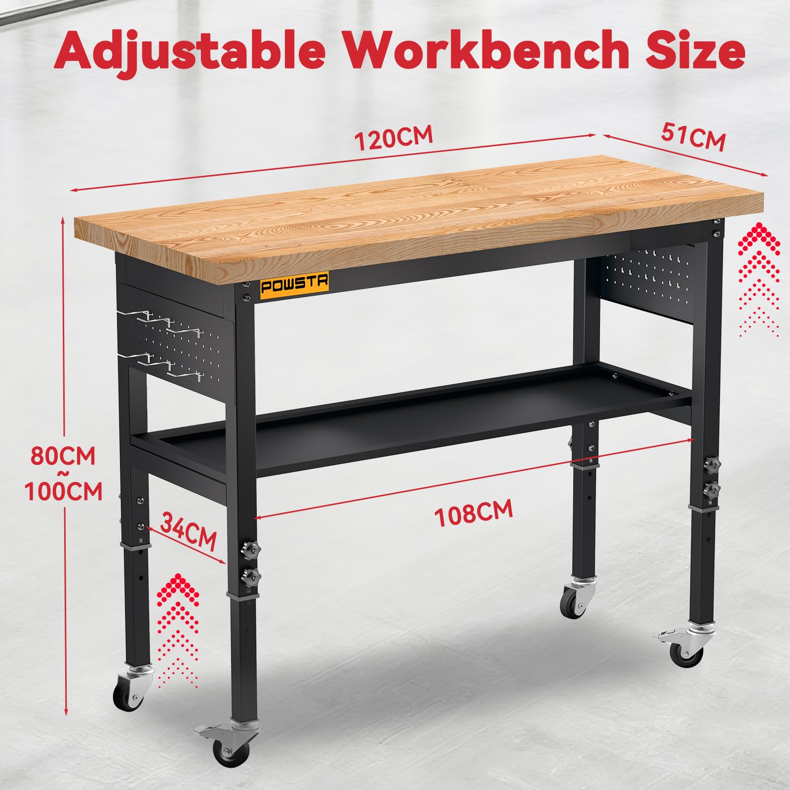 Schwerlast-Werkbank 120 cm, 900 kg Belastbar, 5-Stufig Höhenverstellbar, Gummiholz-Tischplatte, Lochplatte mit Haken, Doppelstöckig mit Rollen für Garage, Werkstatt & Büro