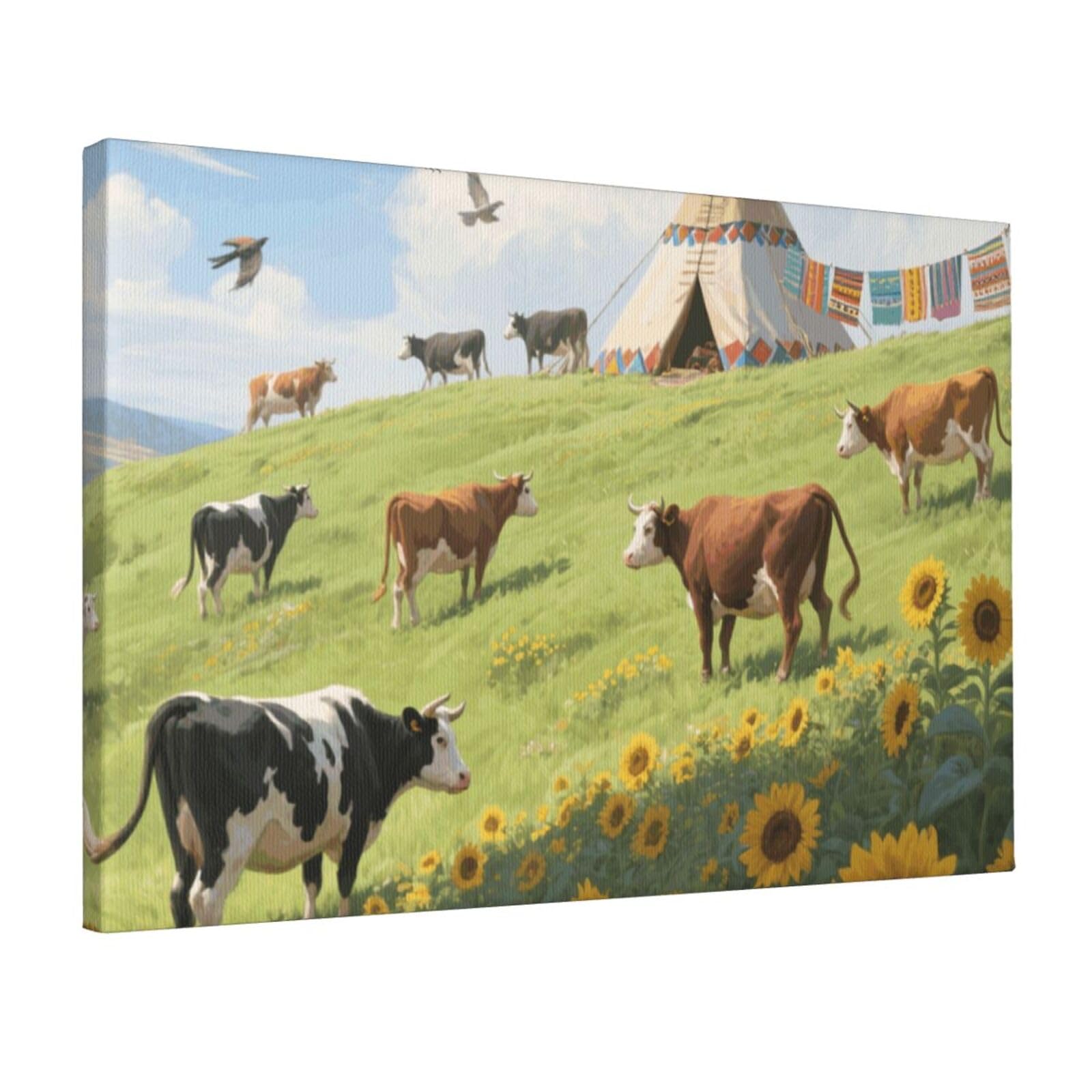 Fodpand Cow Sunflower Navajo Unframed Canvas Wall Art,Modern Posters Print Wall Decor Canvas Oil Painting For Bedroom Living Room Bathroom Wall Hanging Artwork Ready To Hang 12"X18"