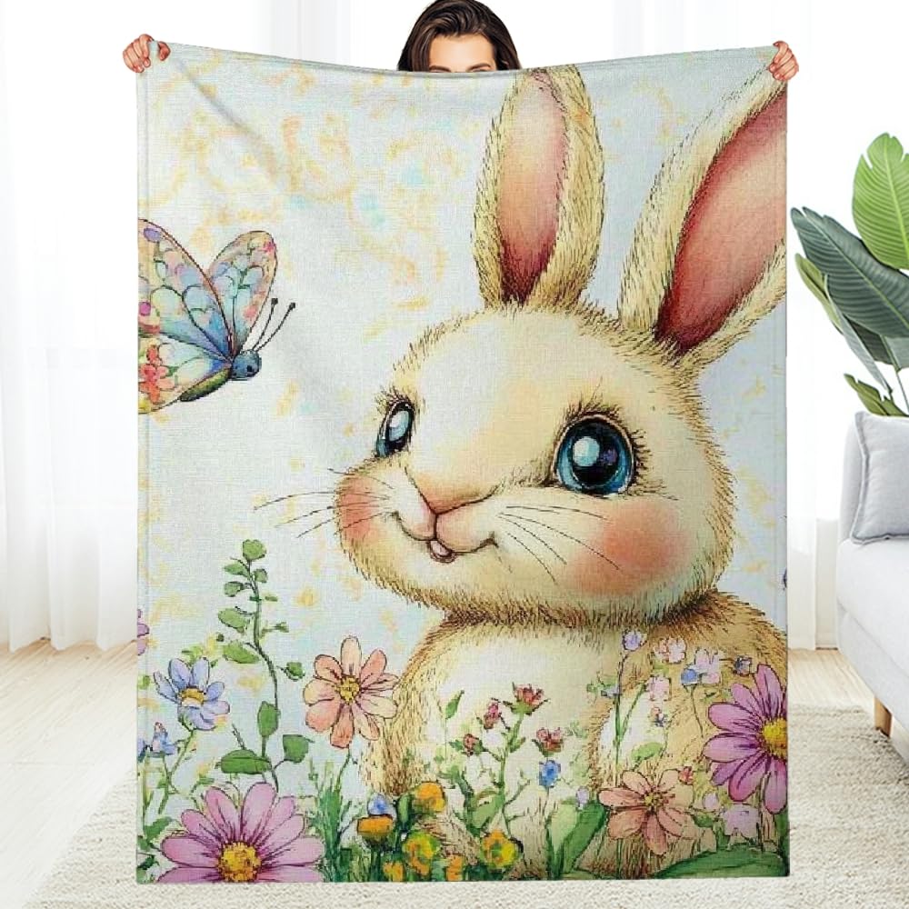 Couverture en flanelle lapin et fleurs pour lit et canapé douce et confortable 40x50 pouces