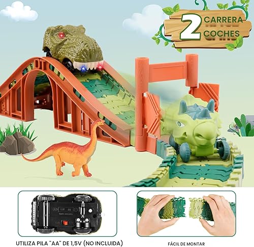 Miniatura 7 de GIAT Juguetes de pista de dinosaurios el mejor regalo de cumpleaños para niños de 3, 4, 5, 6, 7 años, pista de autos de carreras de dinosaurios con