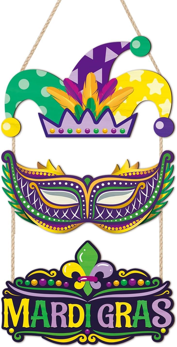 ANHUIB Mardi Gras Wooden Sign Front Door Happy Mardi Gras Wall Art Decor Rustic Purple Yellow Green Mardi Gras Decor Carnival Party Decorations Joker Face Wall Art Hanging Ornaments for Living Room — image 1