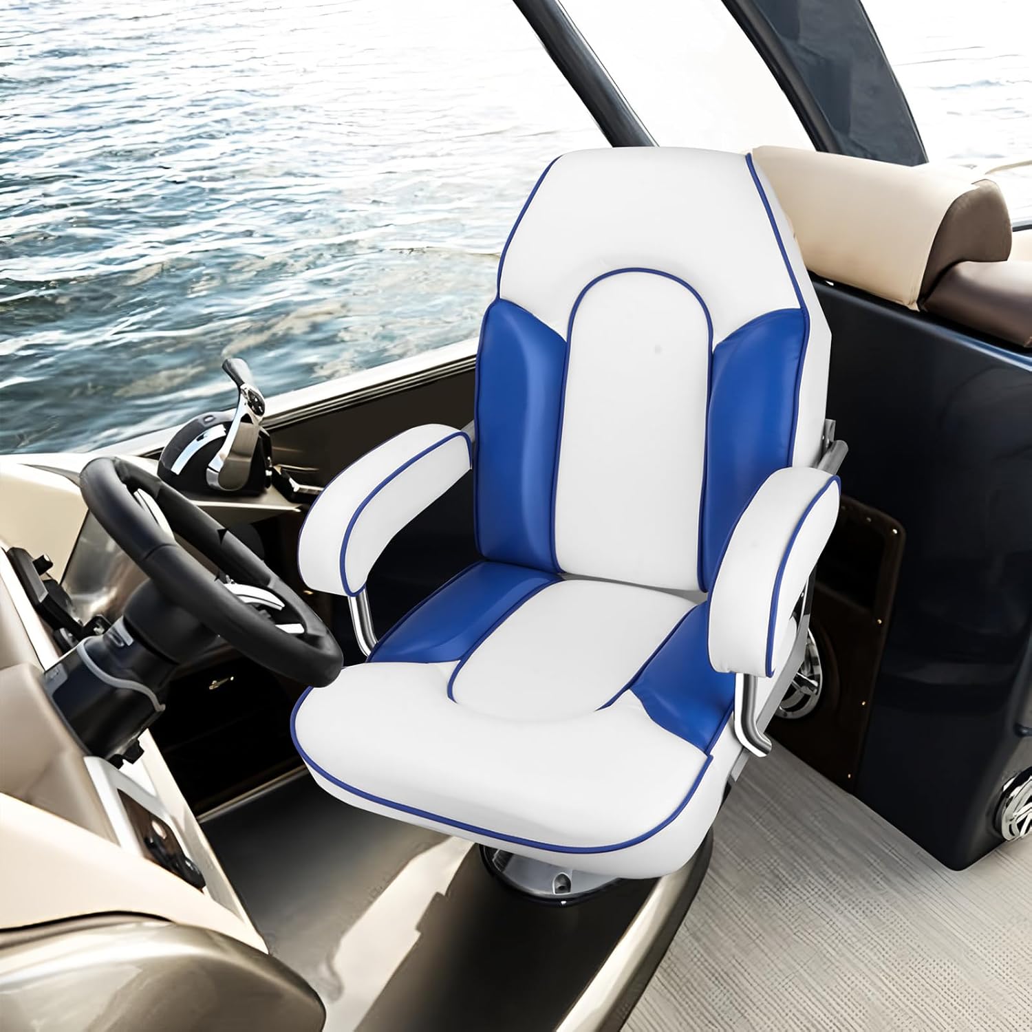 Boat Seat, Premium Captain's Fishing Chair, High Back with Armrests Seat Waterproof and Sunproof (White + Blue)