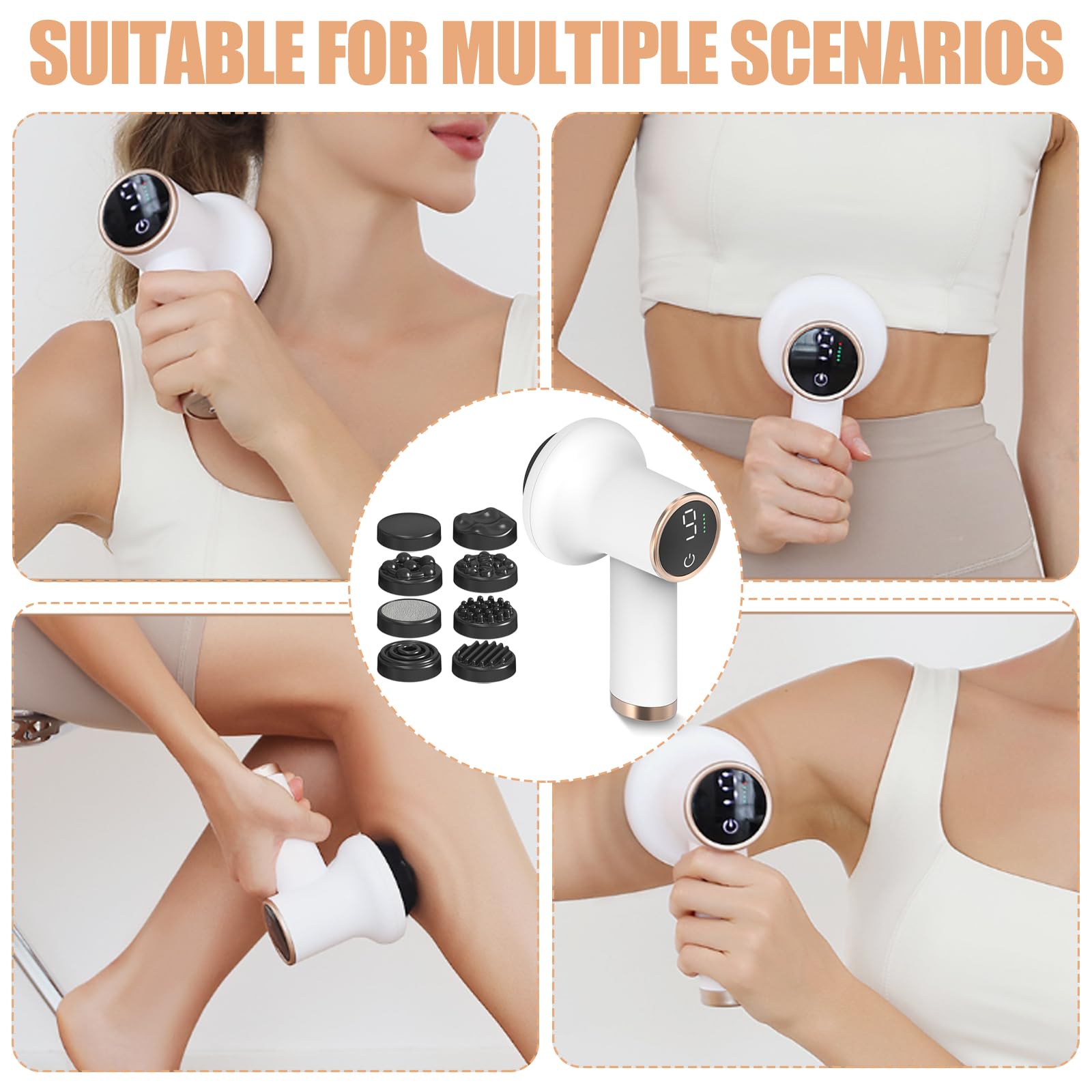 Massaggiatore elettrico cellulite, massaggiatore anticellulite, portabilità anticellulite, con 8 accessori intercambiabili, tonificante, allevia la stanchezza per gambe, collo, spalle, vita, addome