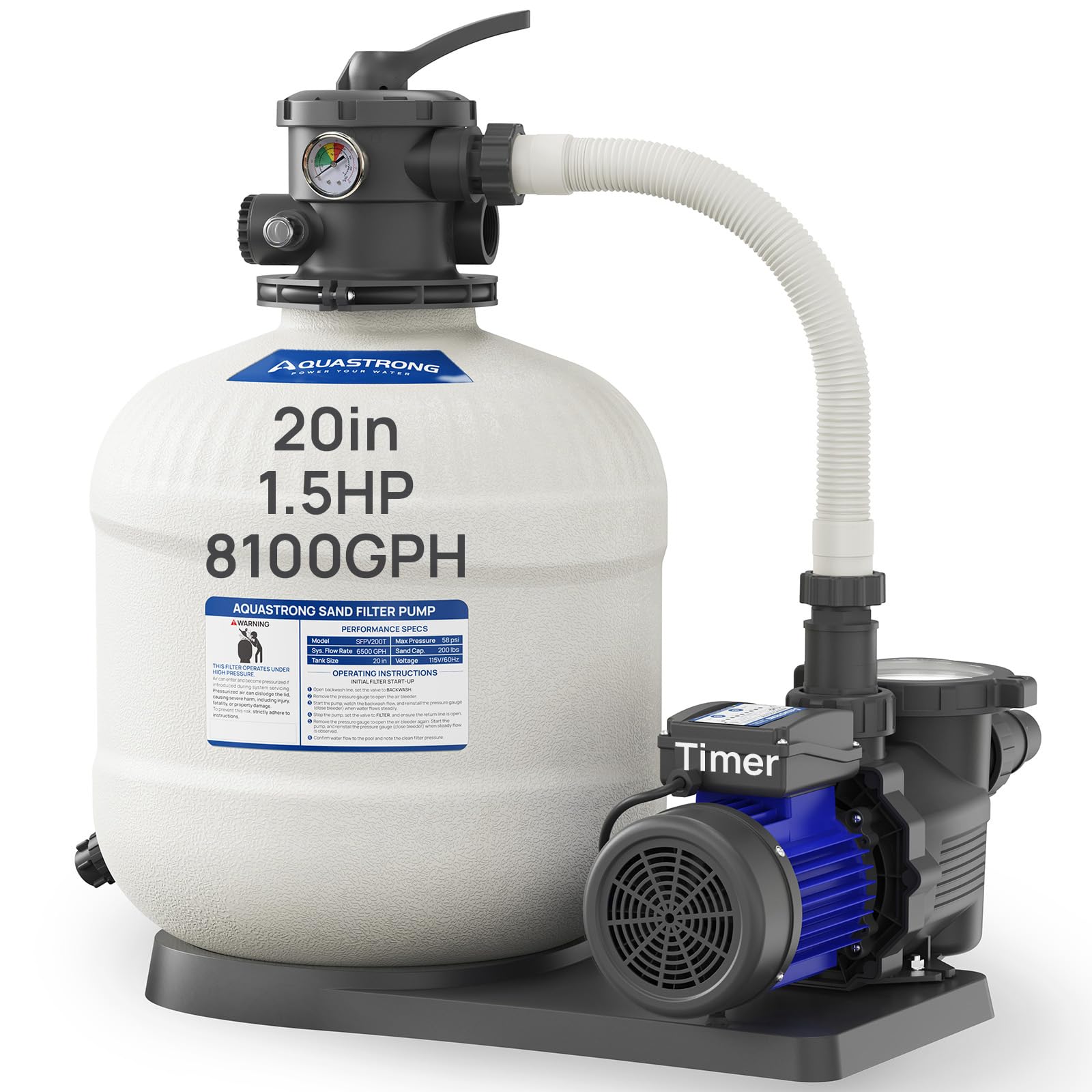 AQUASTRONG 20in Sand Filter Pump with Timer, 1.5 HP, 8100GPH Pool Pumps for Pools Up to 32000 GAL, Pool Filter With 6-Way Valve, Improved Circulation and Filtration