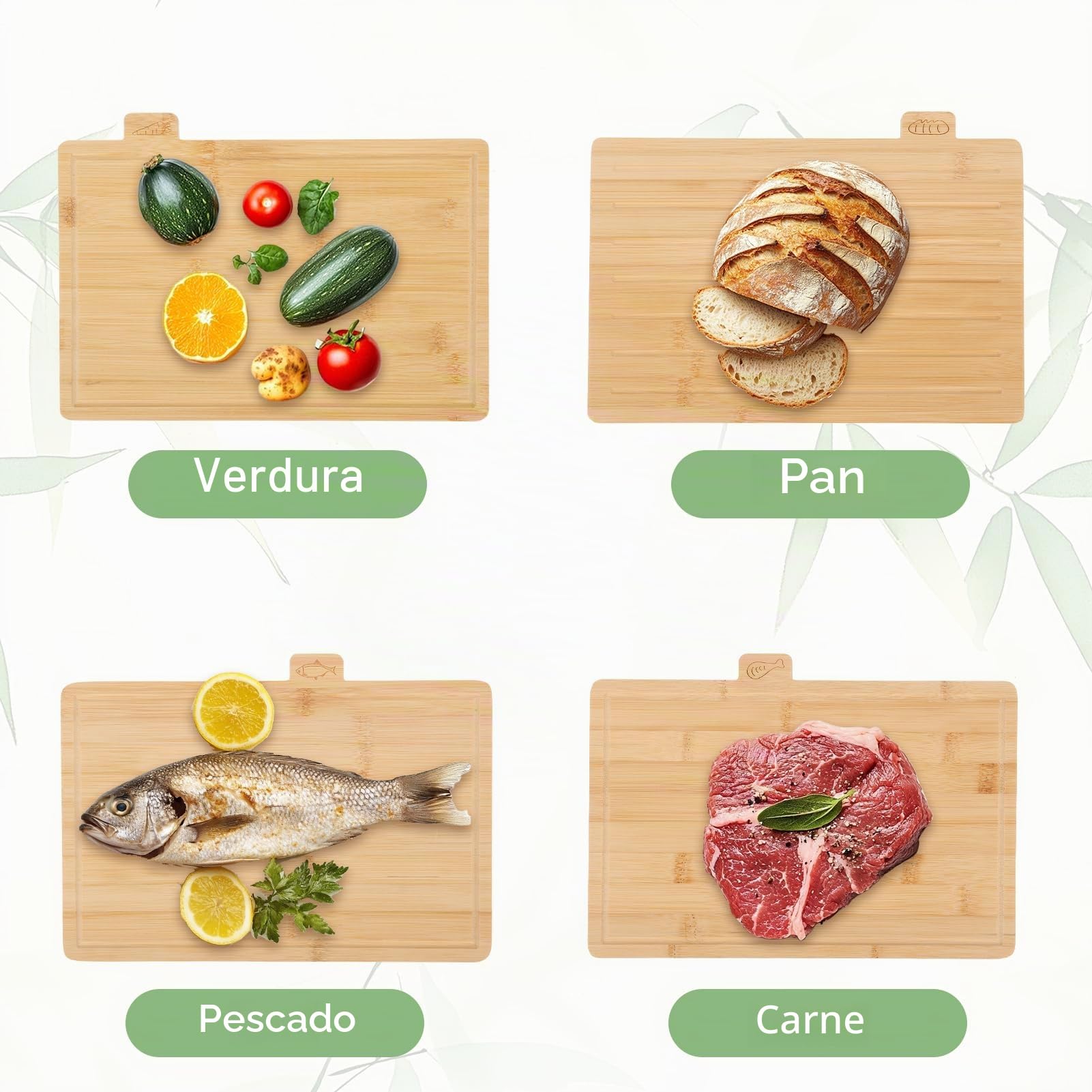 Juego de 4 tablas de cortar de bambú de 32 x 22 cm, juego de tablas de cortar de madera con soporte, juego de tablas de cortar con iconos de alimentos, ranura para jugo, ideal para carne, pescado, pan