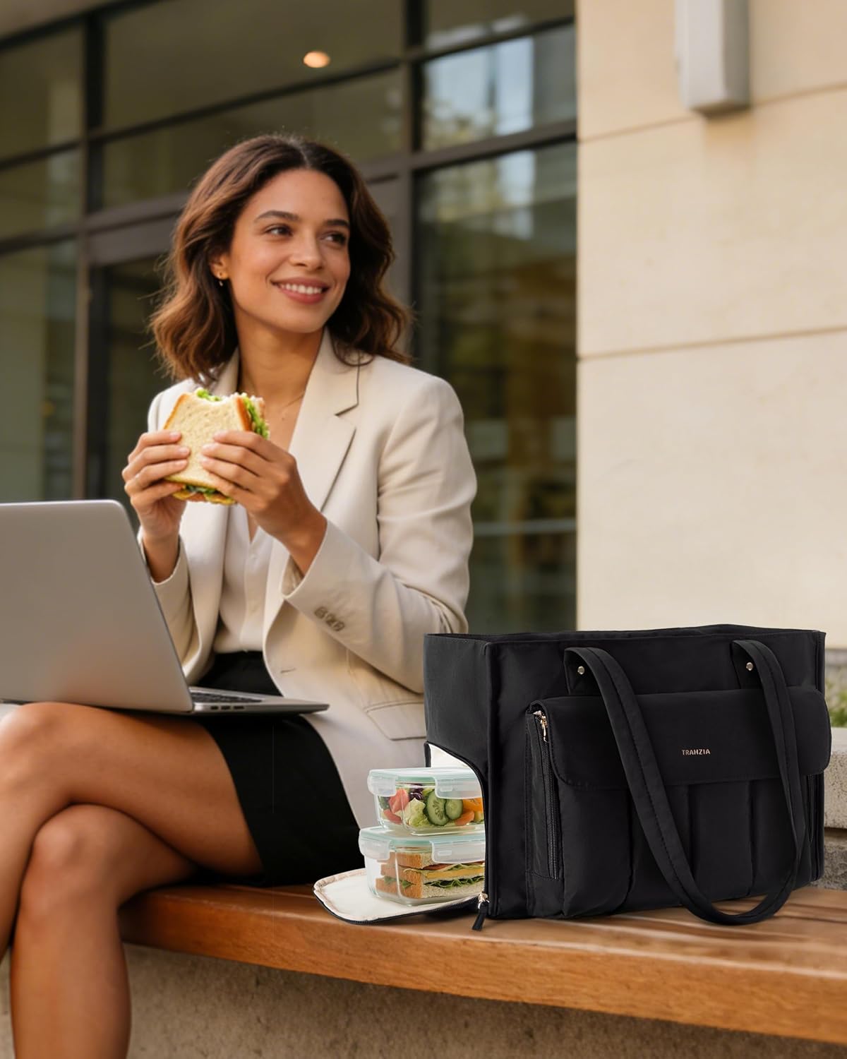 Teacher Tote Bag with Lunch Compartment and Accordion Organizer, Insulated Work Lunch Bag Fits for 15.6” Laptop for Women, Black - Image 2