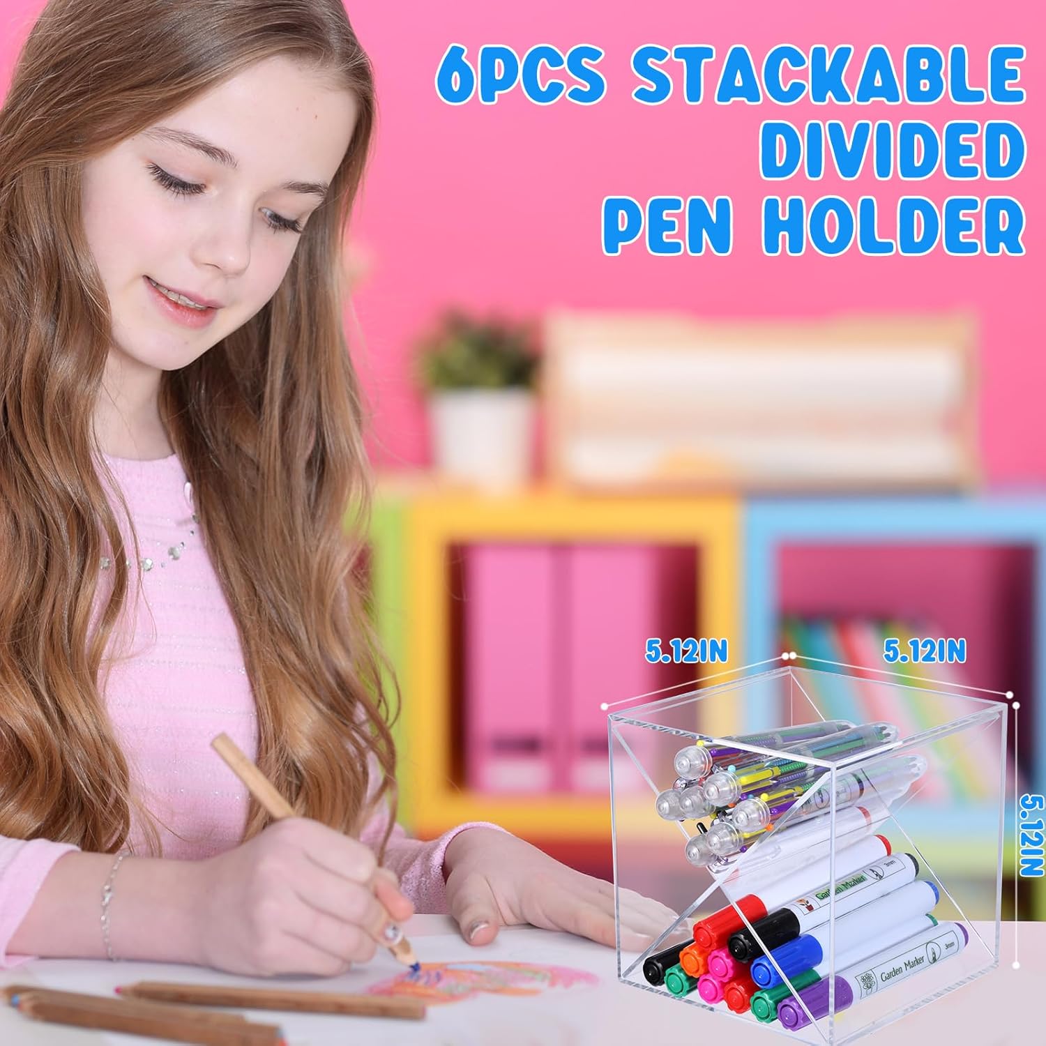 Kosiz 6 Pcs Back to School Stackable Pen Organizer 5.12 Inch Marker Pen Clear Holder Stackable Cube Organizer Removable Divider Acrylic Holder for Office Desk Desktop Storage