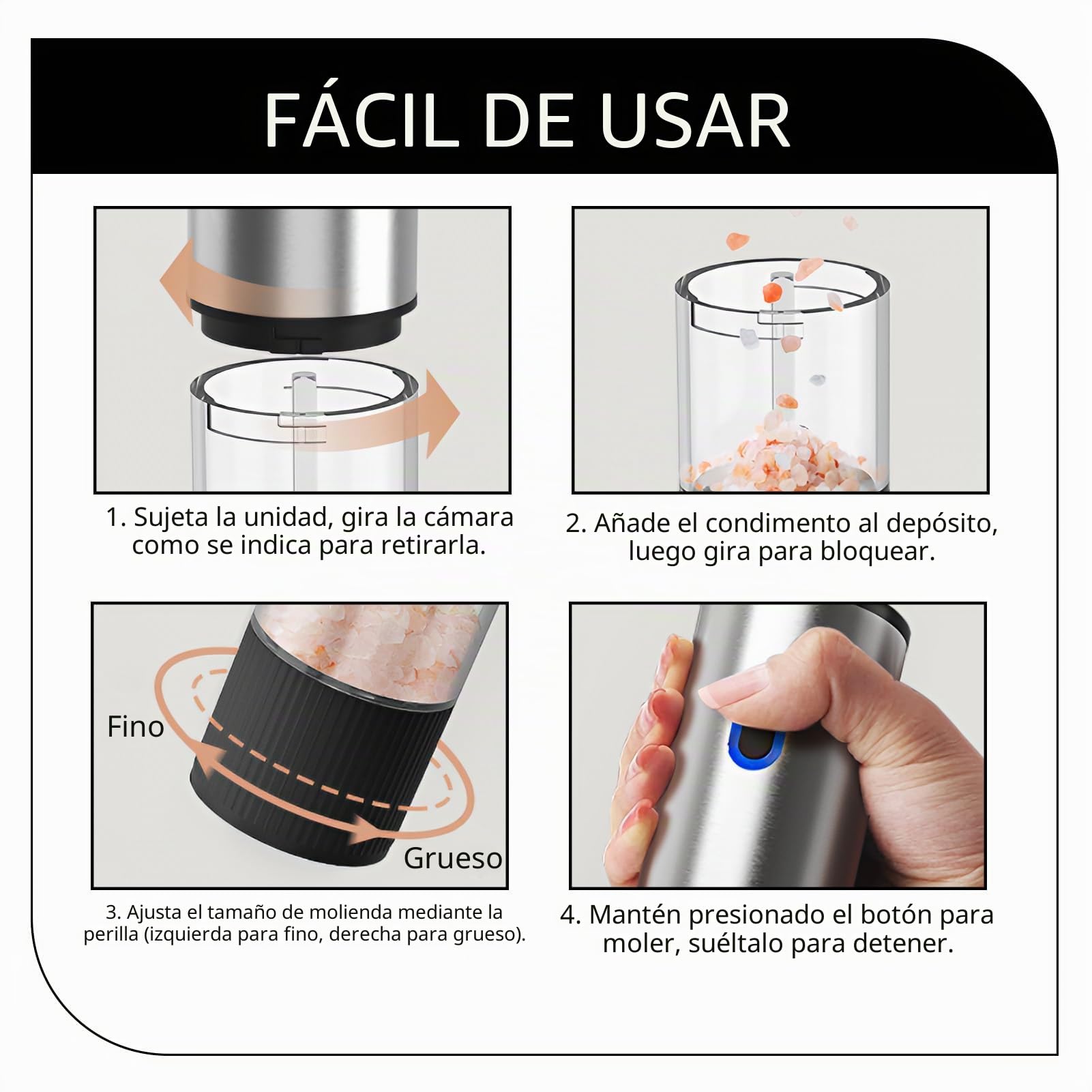 Molinillo eléctrico de sal y pimienta juego molinillo eléctrico especias | USB recargable 80 ml, gran capacidad, 5 grados de molienda ajustables, portátil con mecanismo de cerámica ajustable para