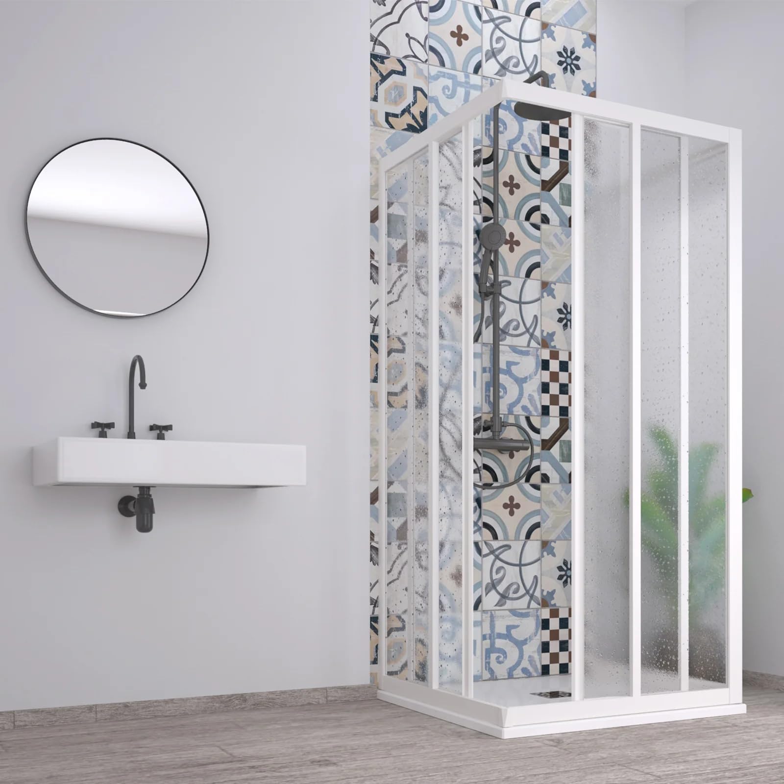 Box doccia 3 Lati "Acril" in Acrilico con profili in PVC apertura angolare riducibile "Made in Italy" (Bianco, 80x80x80 cm)