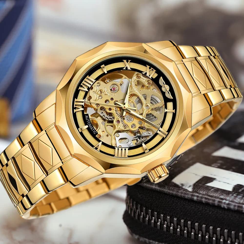 Relojes mecánicos para hombre, automático, dorado, transparente, malla de acero, reloj de pulsera esqueleto hombre, hora caliente..