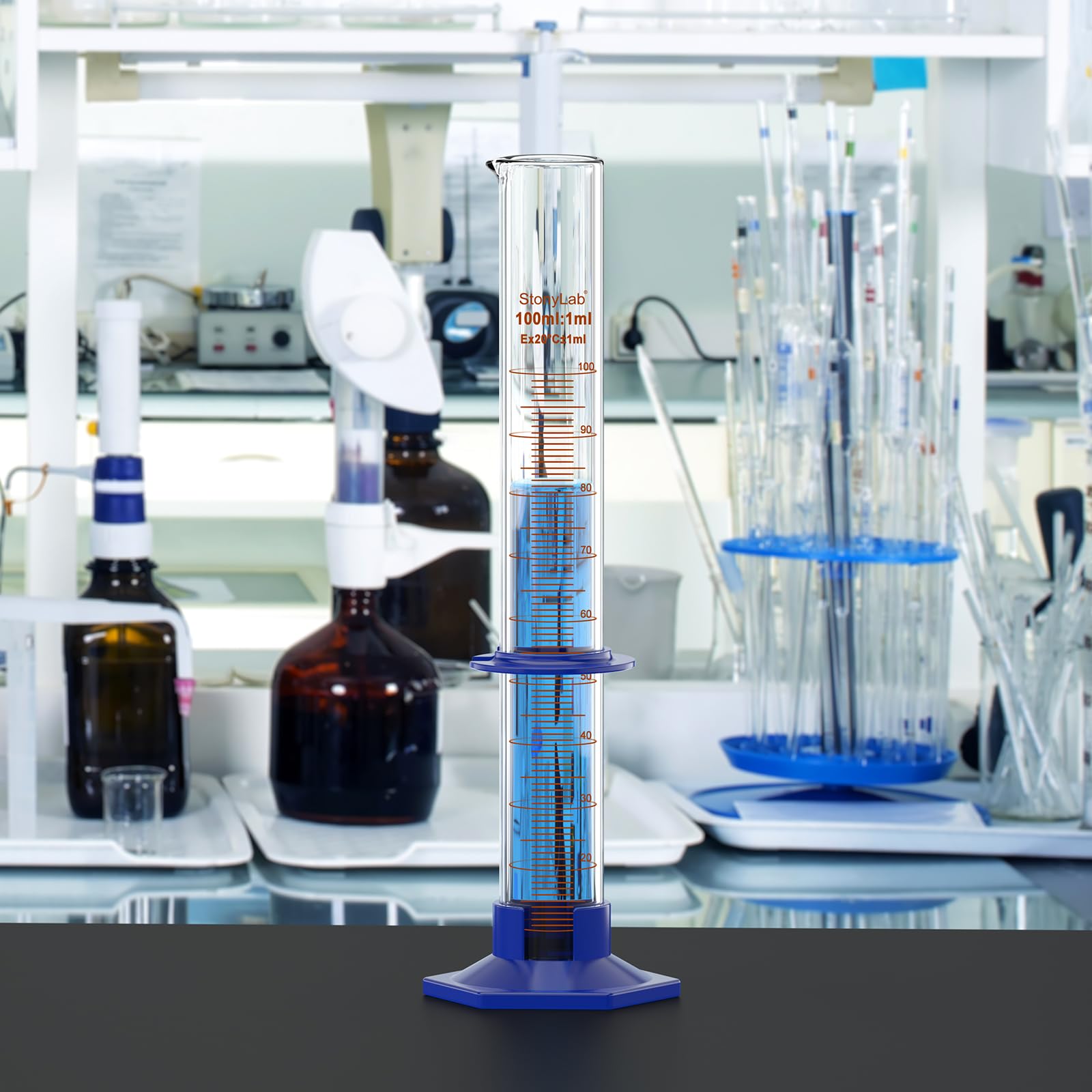 Cilindro Graduado de Vidrio Borosilicato 100 ml con Base Hexagonal de Plástico y Collar Protector para Laboratorio