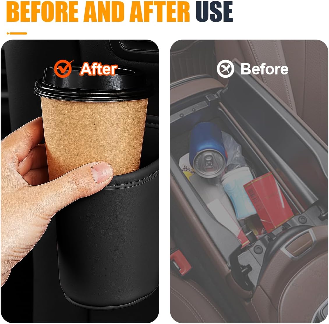 YoRise Leather Car Cup Holder, Scratch-Resistant Clip-On Auto Door Beverage Holders, Universal Hanging Vehicle Back Seat Drink Pocket Organizer for Soda Cans, Water Bottles, Coffee (Black) - Image 4