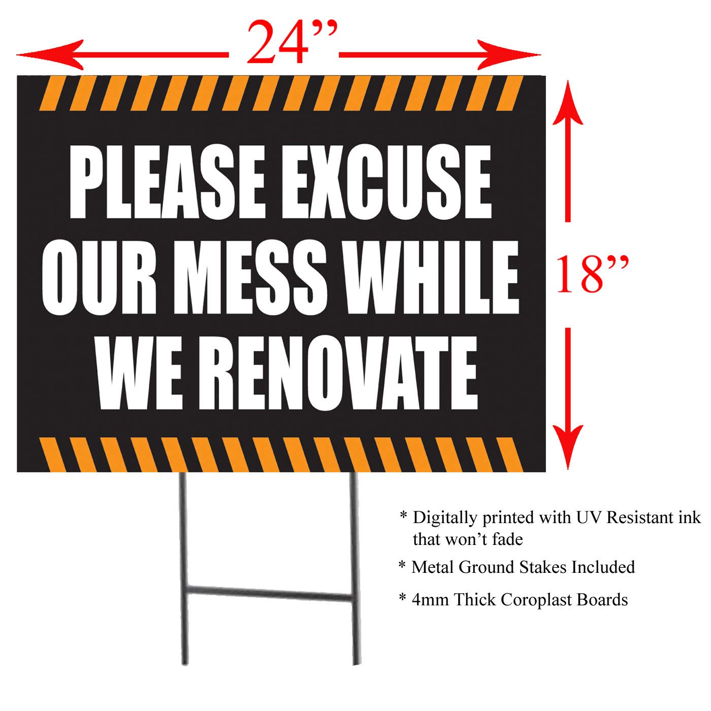 Please Excuse our Mess While We Renovate | 2-Pack Double Sided Outdoor Yard Signs with Metal Ground Stakes | Full Color | 24 x 18 Inches