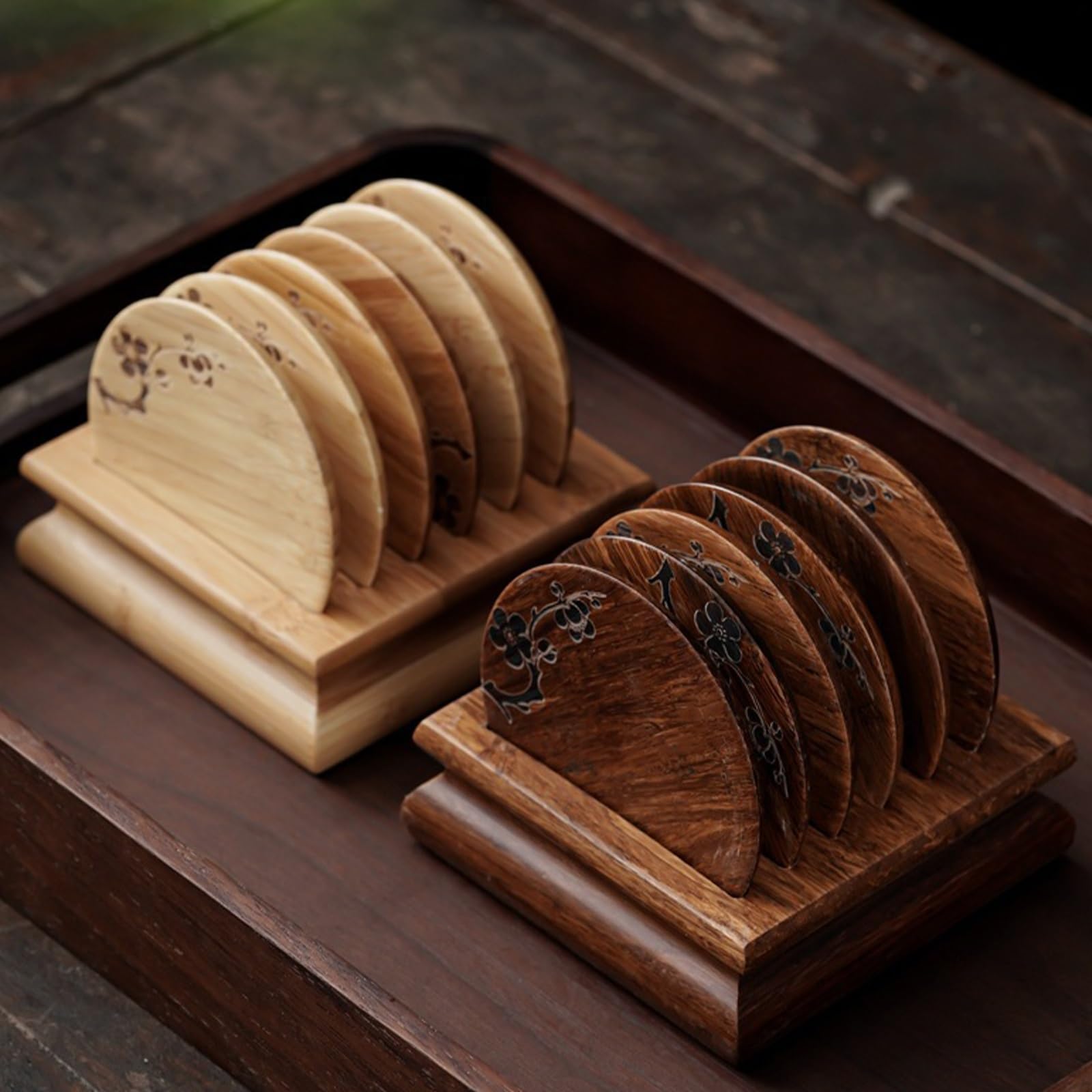 Kung Fu - Juego de 6 posavasos redondos de madera natural con protección contra el calor para sala de estar, tazas de té y tazas de café