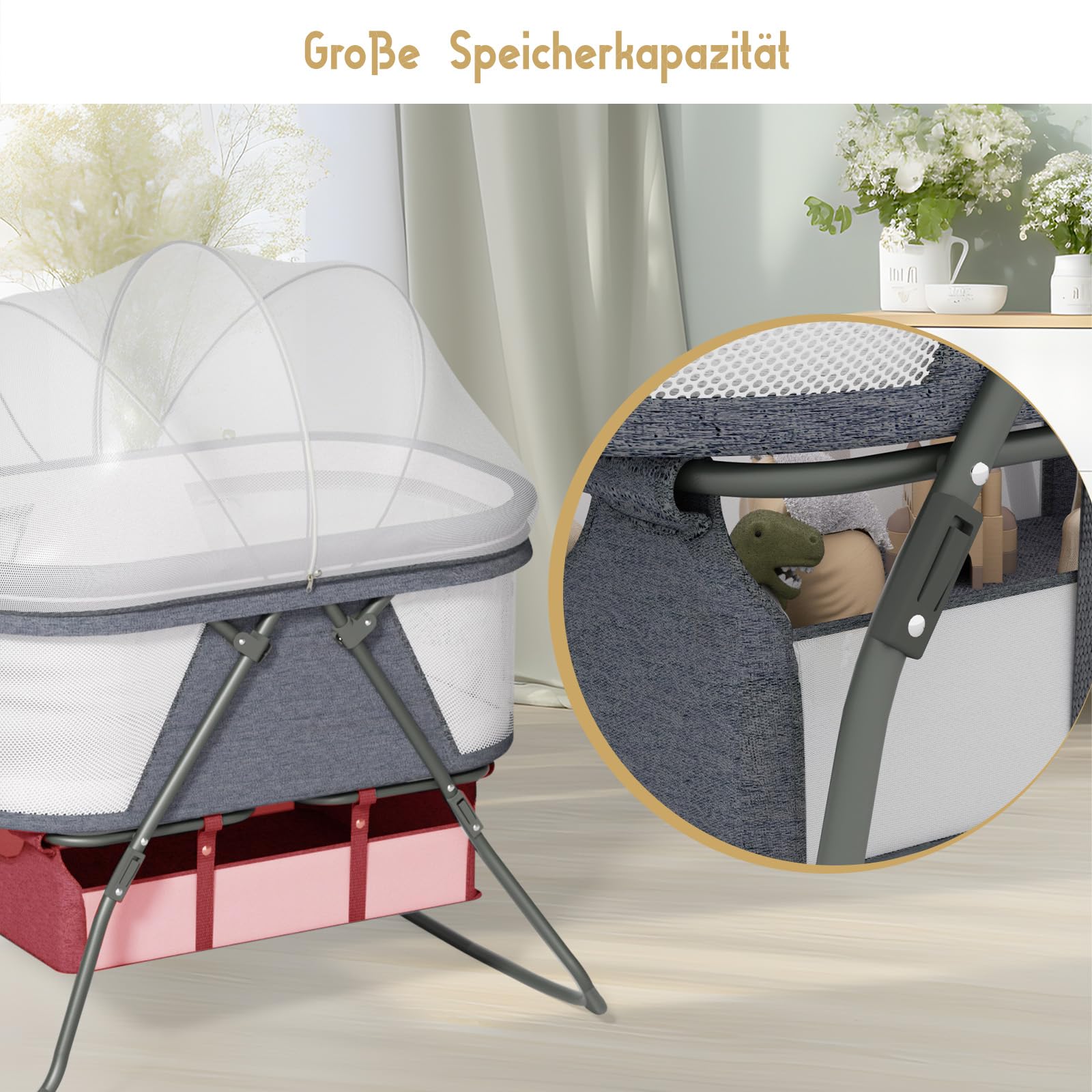 XJD Baby Beistellbett, 2 in 1 Babybett klappbar, Stubenwagen mit Aufbewahrungskorb, Reisebett mit weich Matratze, Transporttasche, Moskitonetz, Babywiege für 0-6 Monate, von Geburt bis 10 kg, Grau