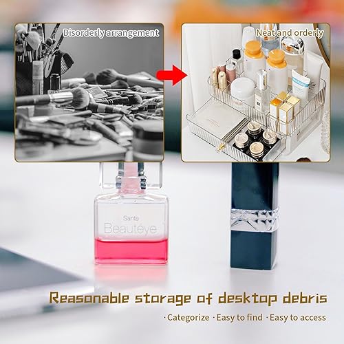 Miniatura 4 de Organizador de maquillaje acrílico para tocador, vitrinas de cosméticos con 2 cajones y 1 bandeja, almacenamiento de cosméticos apilable para